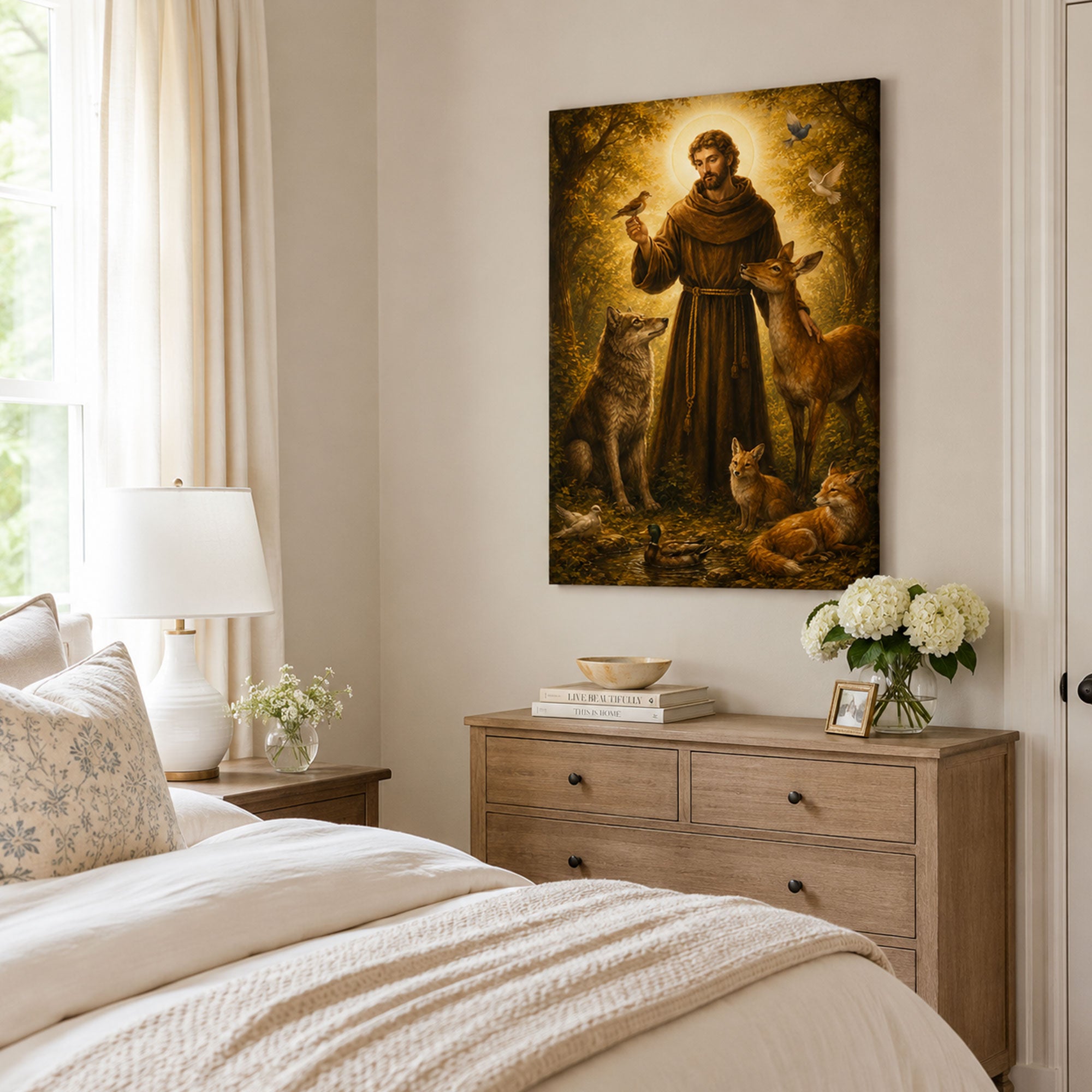 Saint Francis of Assisi with Forest Animals Canvas Print, Catholic Saint Wall Art, Nature Faith Home Decor Gift
