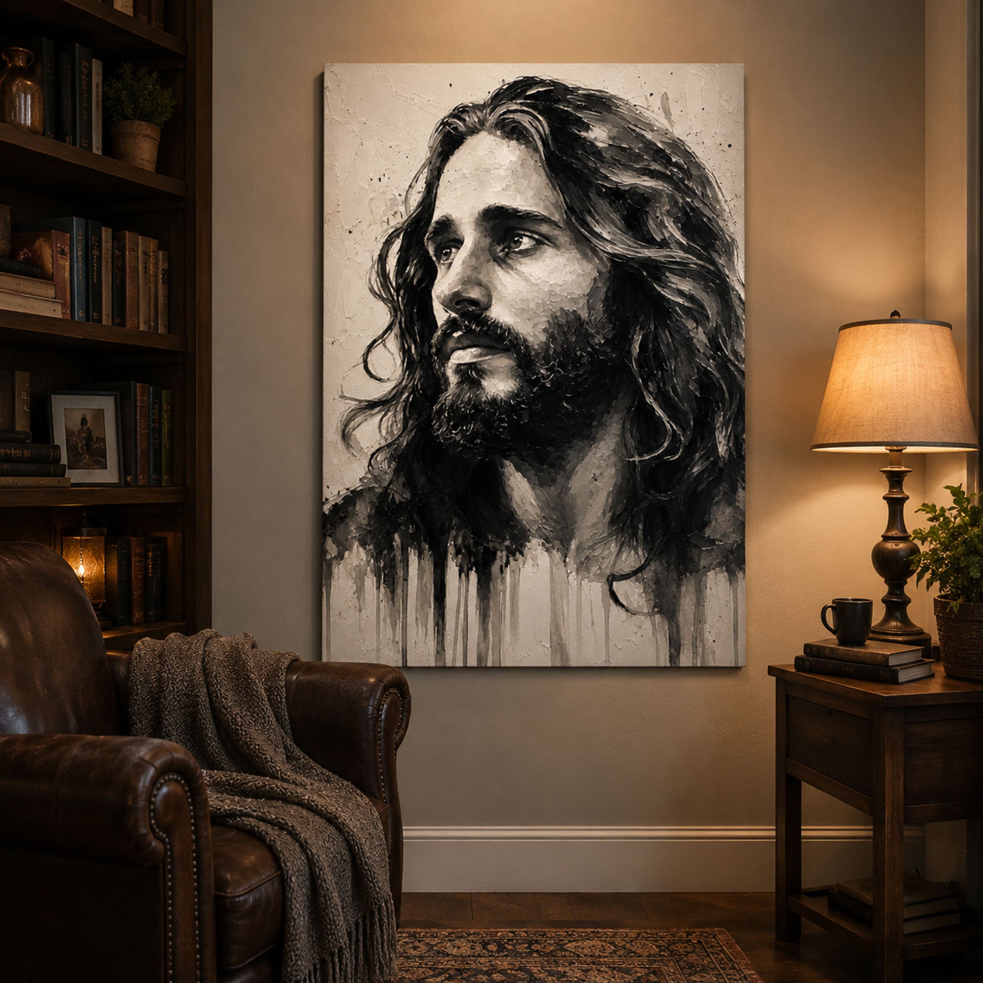 Jesus Portrait Canvas Print, Black and White Christian Wall Art, Faith Home Decor