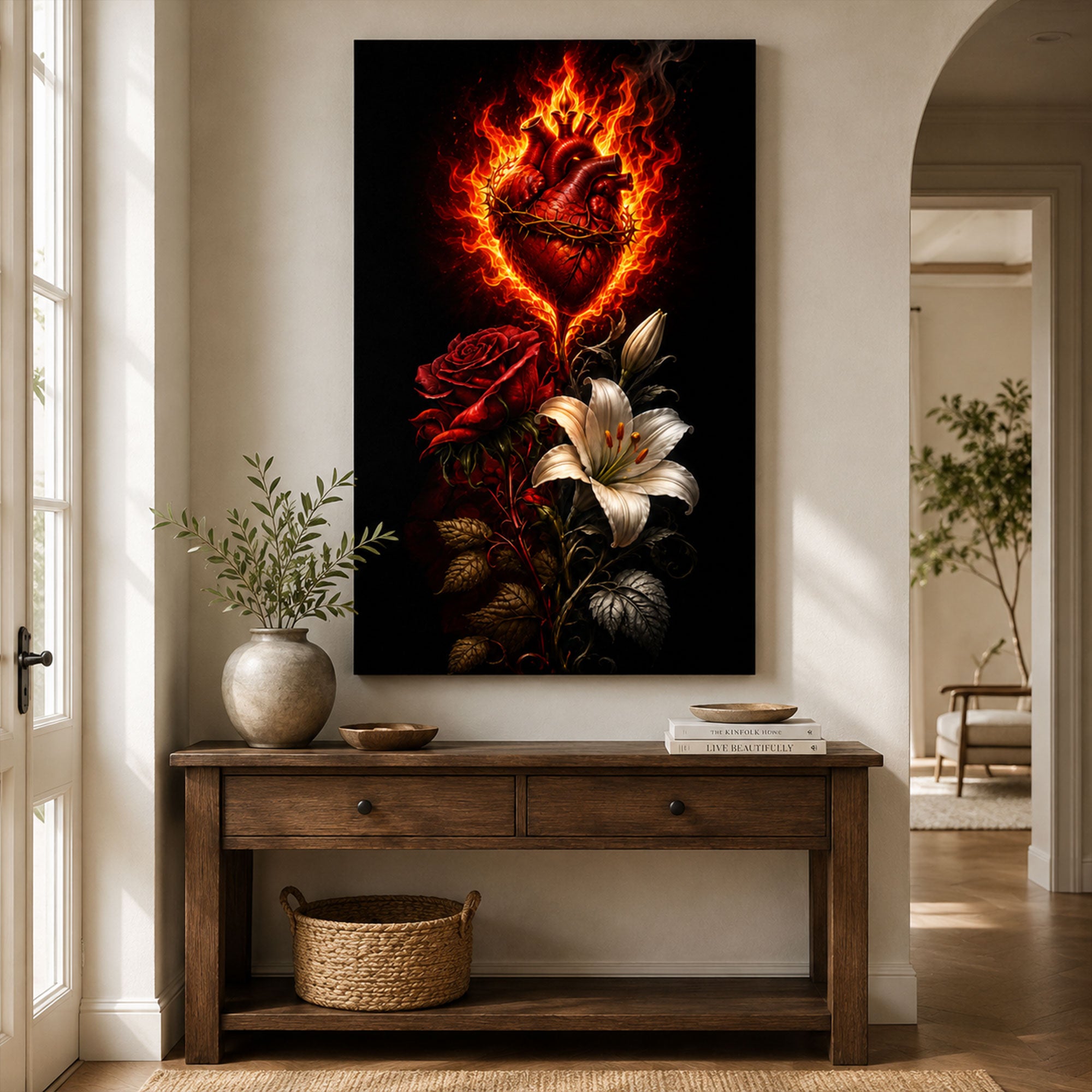 Sacred Heart of Jesus Canvas Print, Catholic Wall Art, Flaming Sacred Heart with Roses and Lily, Christian Religious Home Decor