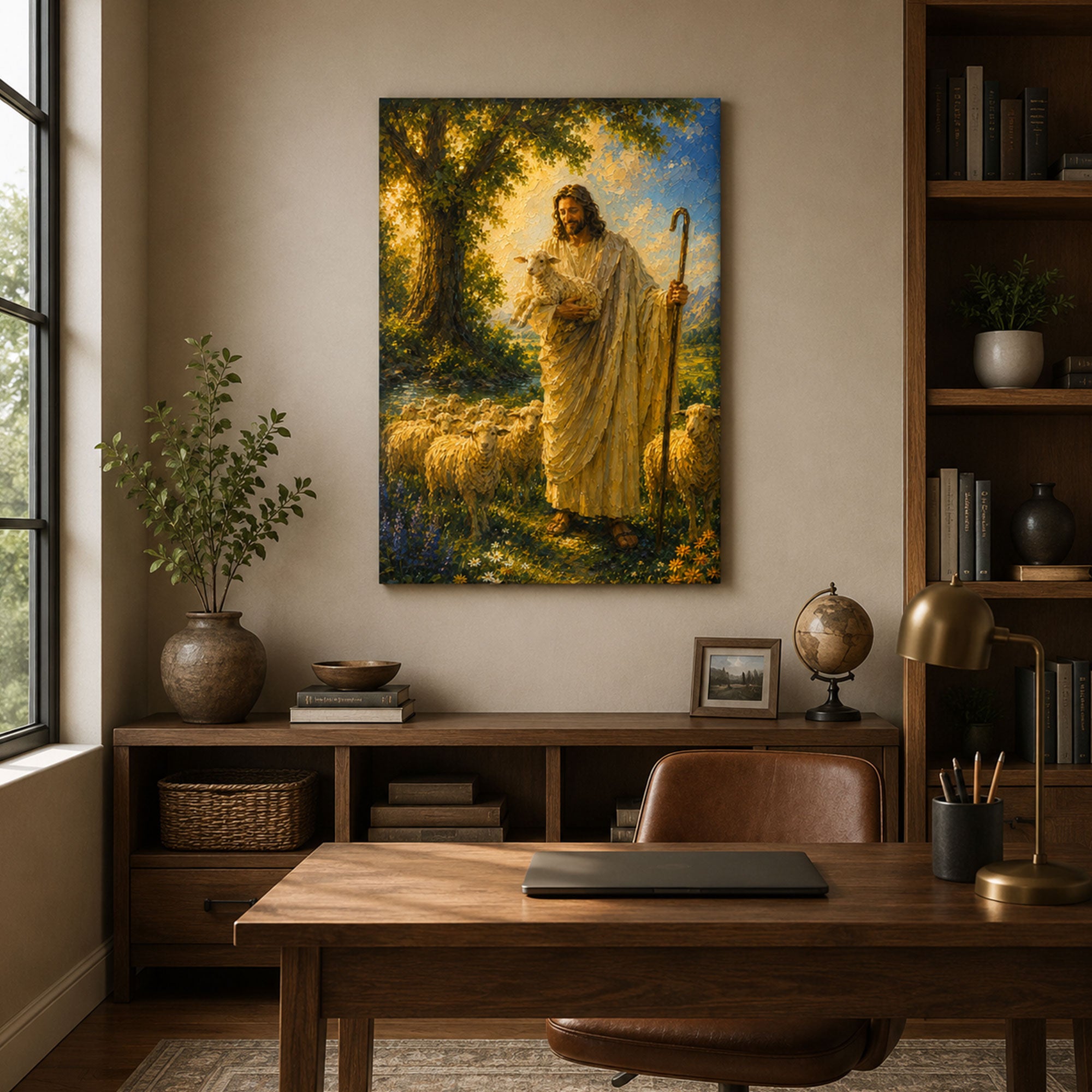 Good Shepherd with Lamb Canvas Print, Jesus Shepherd Christian Wall Art, Faith Home Decor Gift