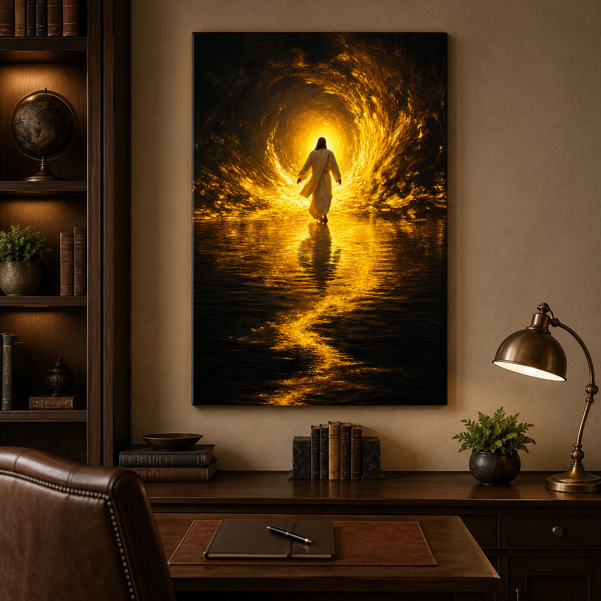 Jesus Walking on Water Canvas Print, Golden Light Christian Wall Art, Faith Home Decor
