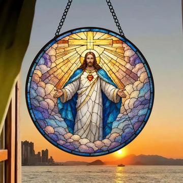 Sacred Heart of Jesus Stained Glass Suncatcher, Christian Window Hanging, Catholic Faith Decor