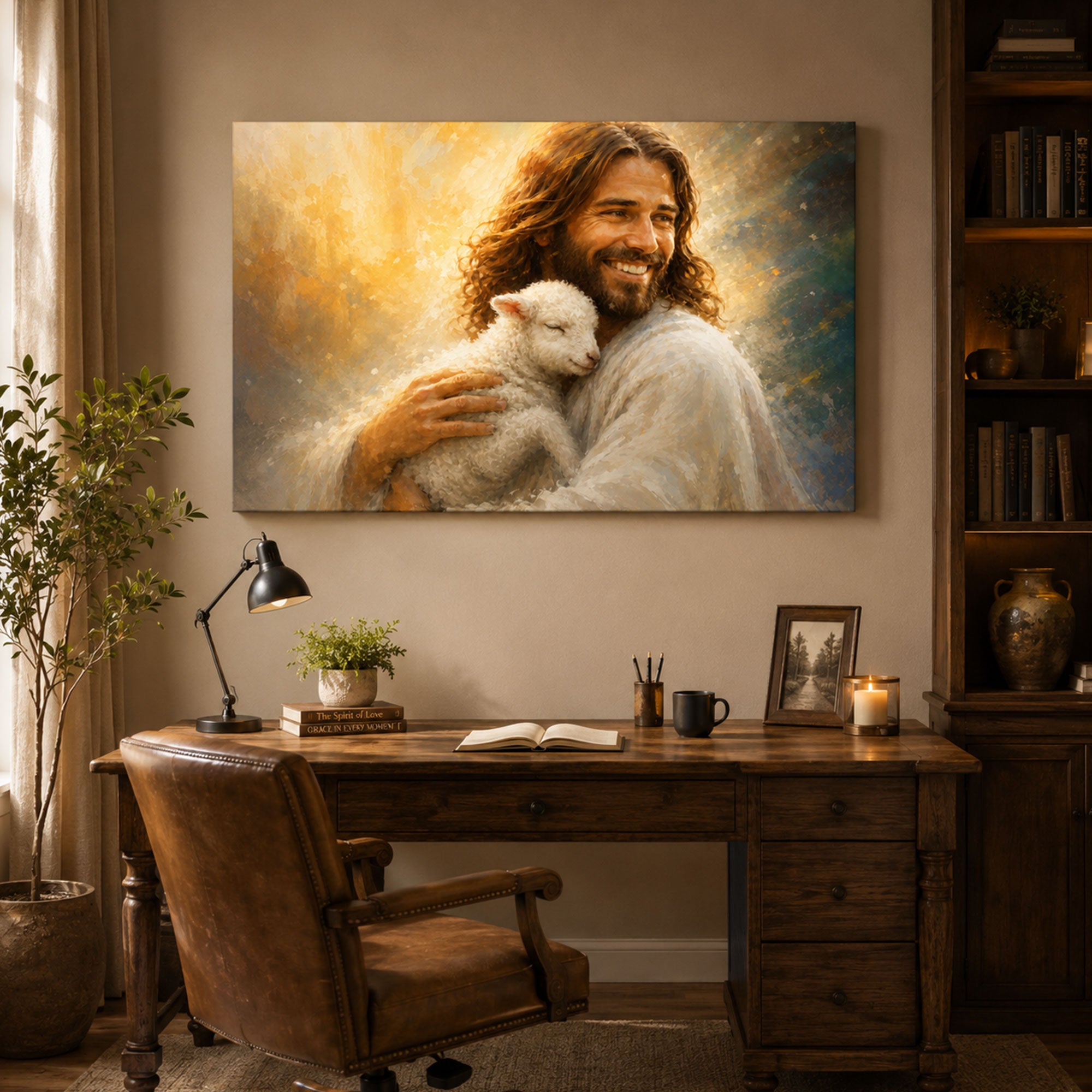 Smiling Jesus with Lamb Canvas Print, Good Shepherd Christian Wall Art, Peaceful Faith Home Decor