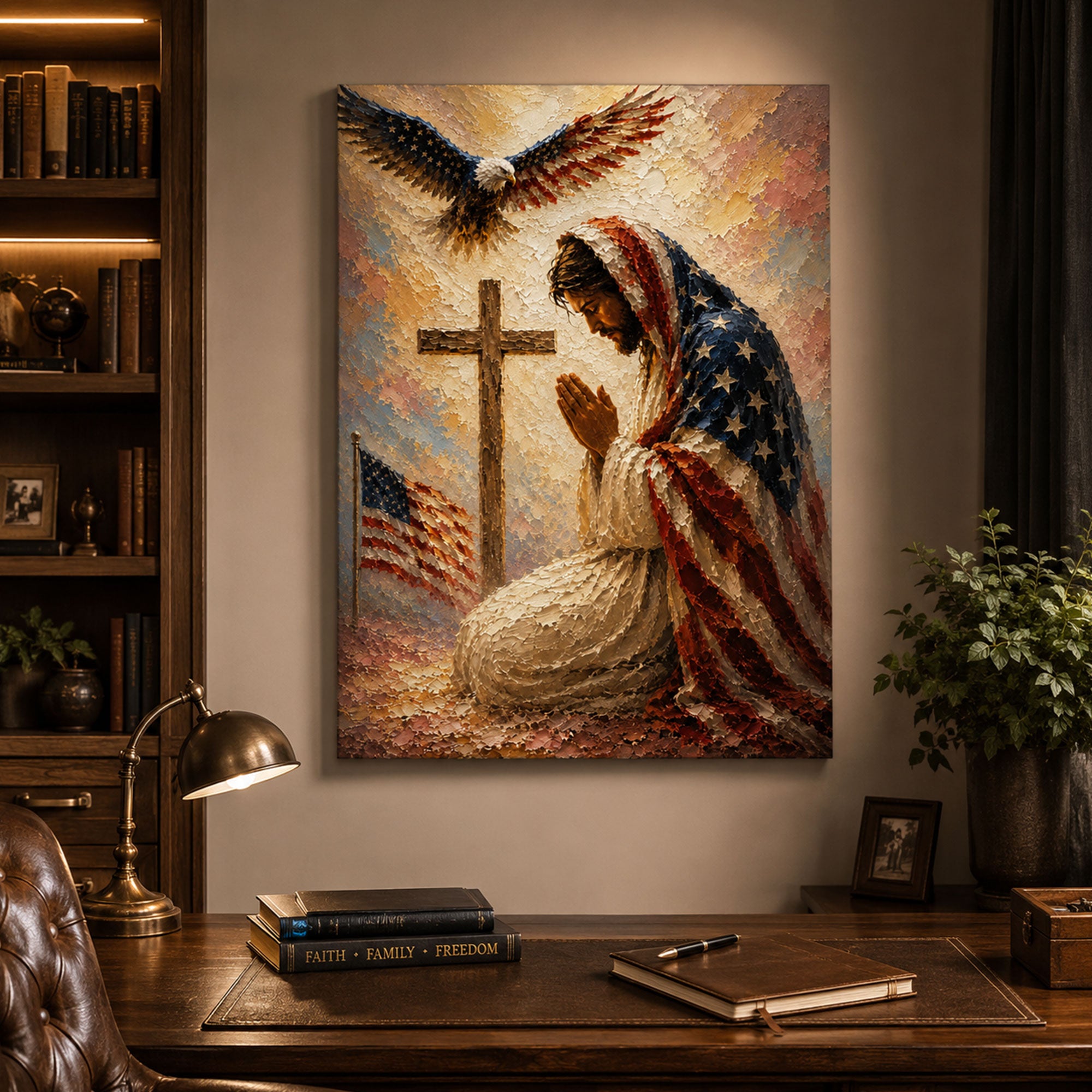 Jesus Praying at Cross Canvas Print, American Flag Christian Wall Art, Patriotic Faith Home Decor