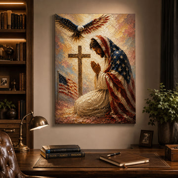 Jesus Praying at Cross Canvas Print, American Flag Christian Wall Art, Patriotic Faith Home Decor