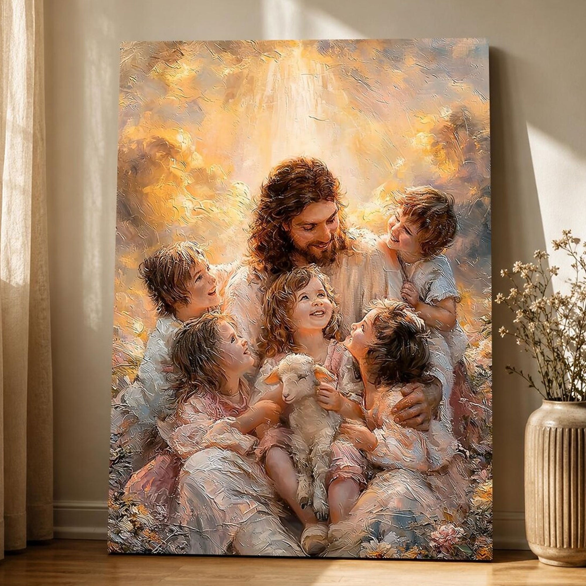 Jesus with Children Canvas Wall Art Christian Faith Nursery Decor Inspirational Family Home Artwork