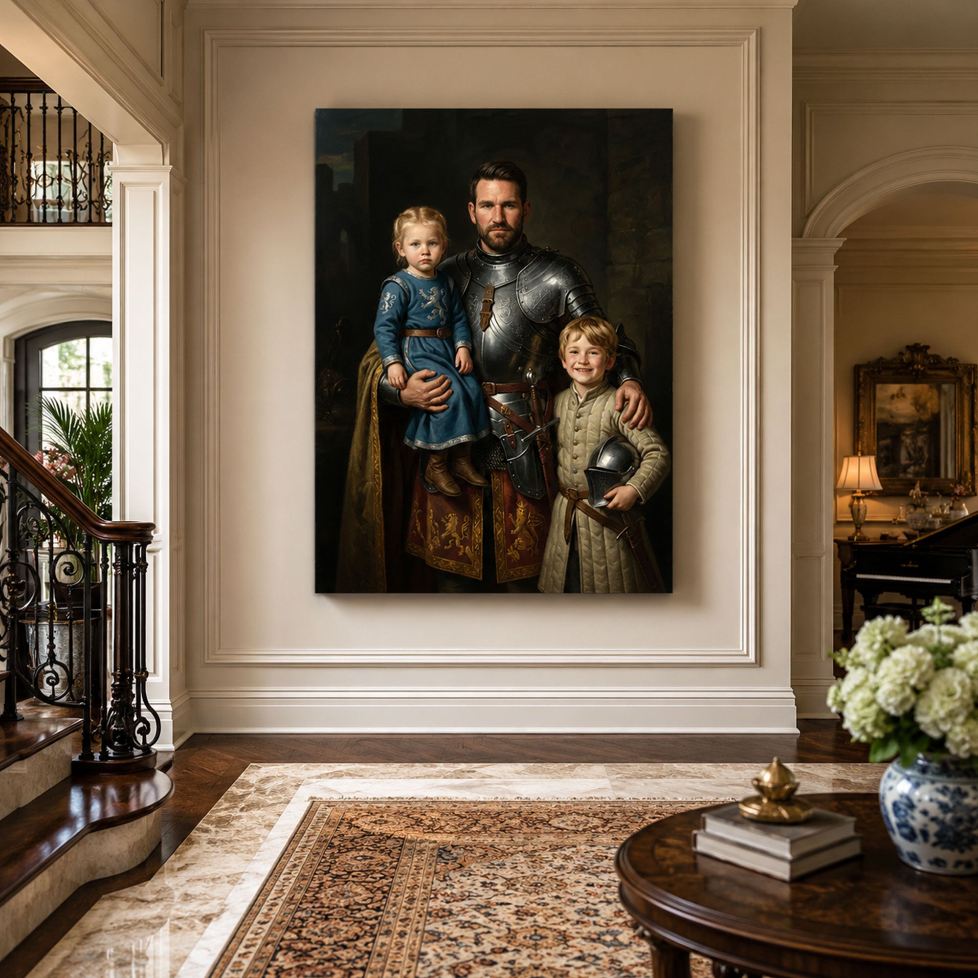 Custom Face For Dad Knight Family Canvas, Personalized Father and Kids Portrait, Father’s Day Gift