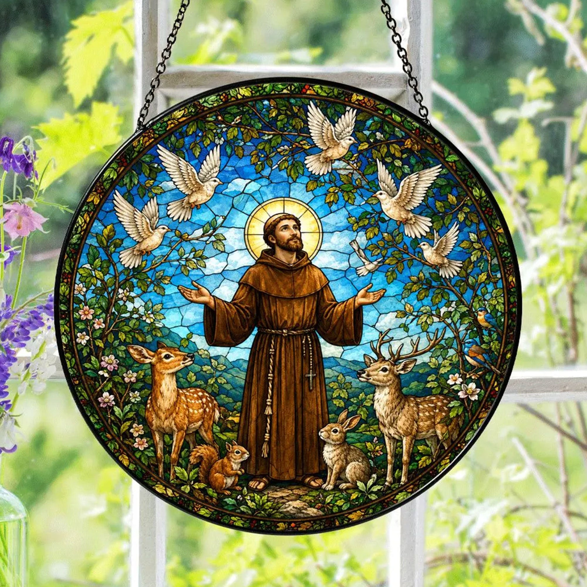 Saint Francis of Assisi Stained Glass Suncatcher, Patron Saint of Animals Catholic Window Hanging, Christian Faith Decor Gift