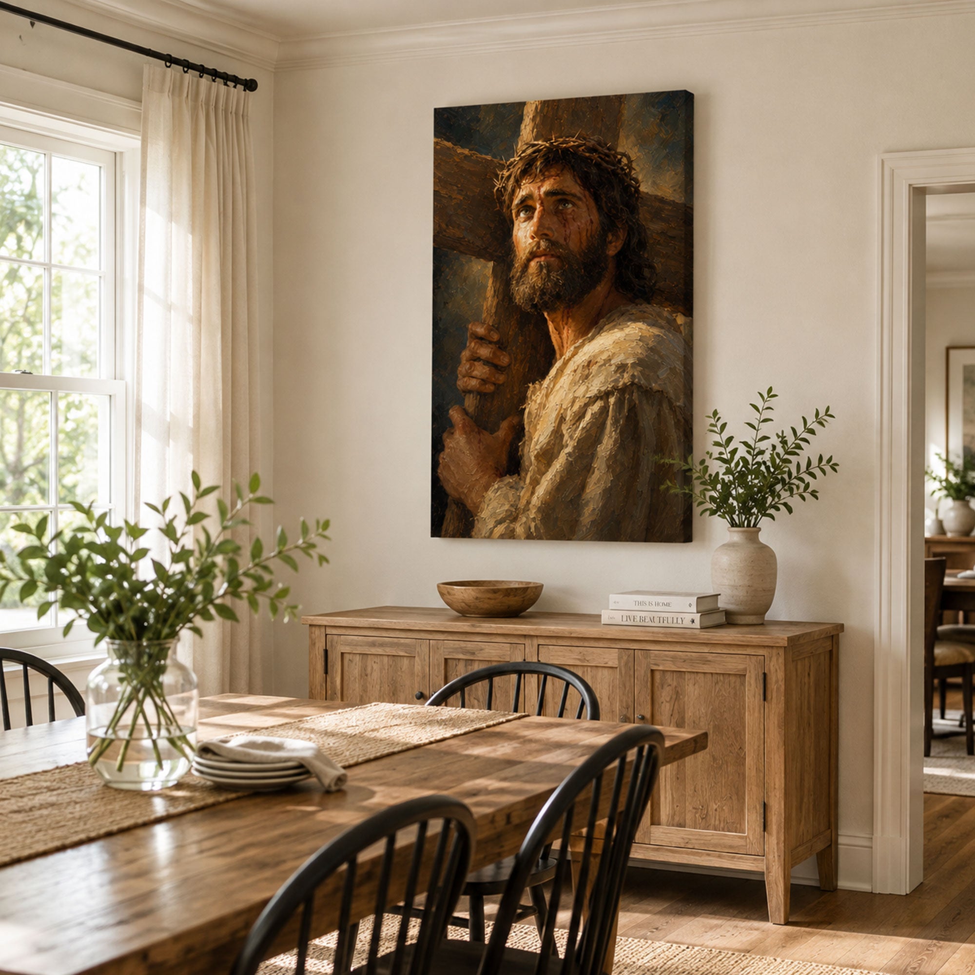 Jesus Carrying the Cross Canvas Print, Crown of Thorns Christian Wall Decor, Faith Gift