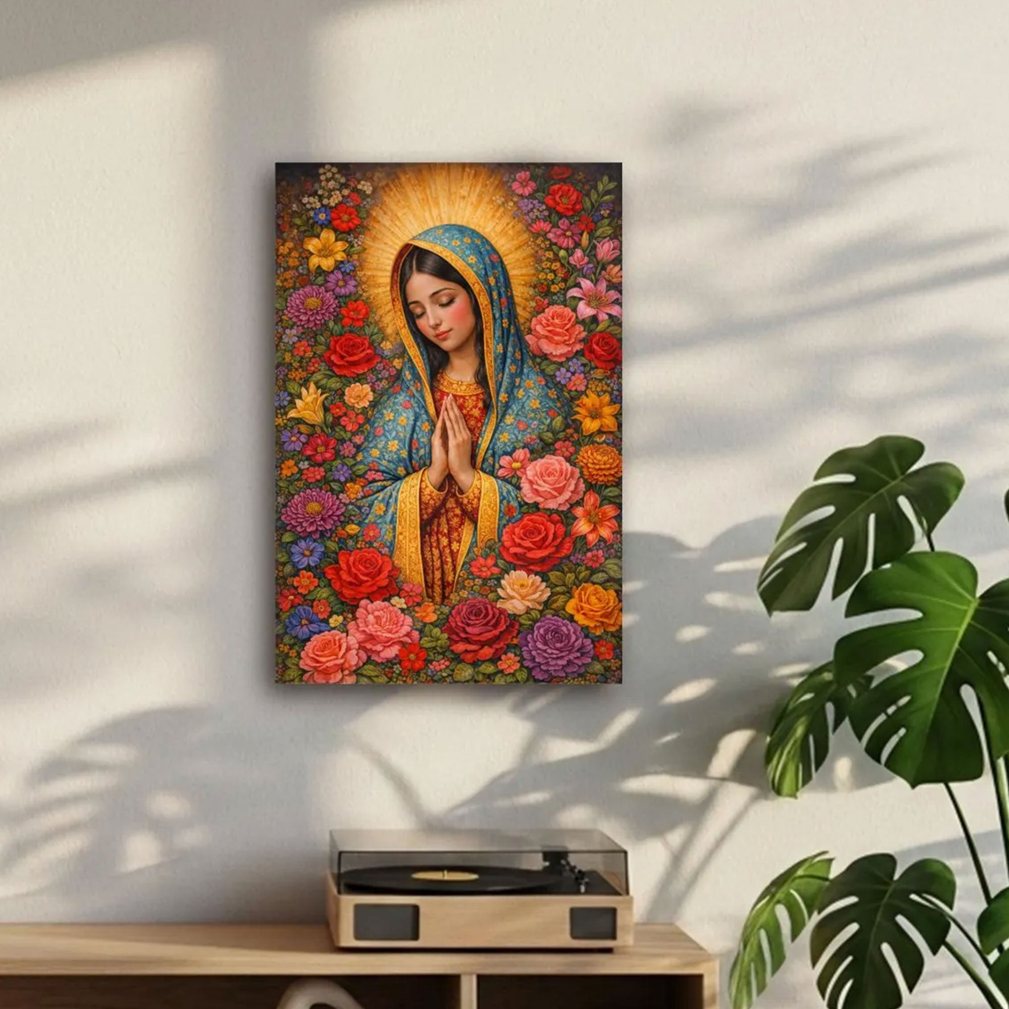 Virgin Mary Floral Canvas Print, Catholic Christian Wall Art, Blessed Mother Flower Painting, Framed Religious Home Decor, Inspirational Faith Gift
