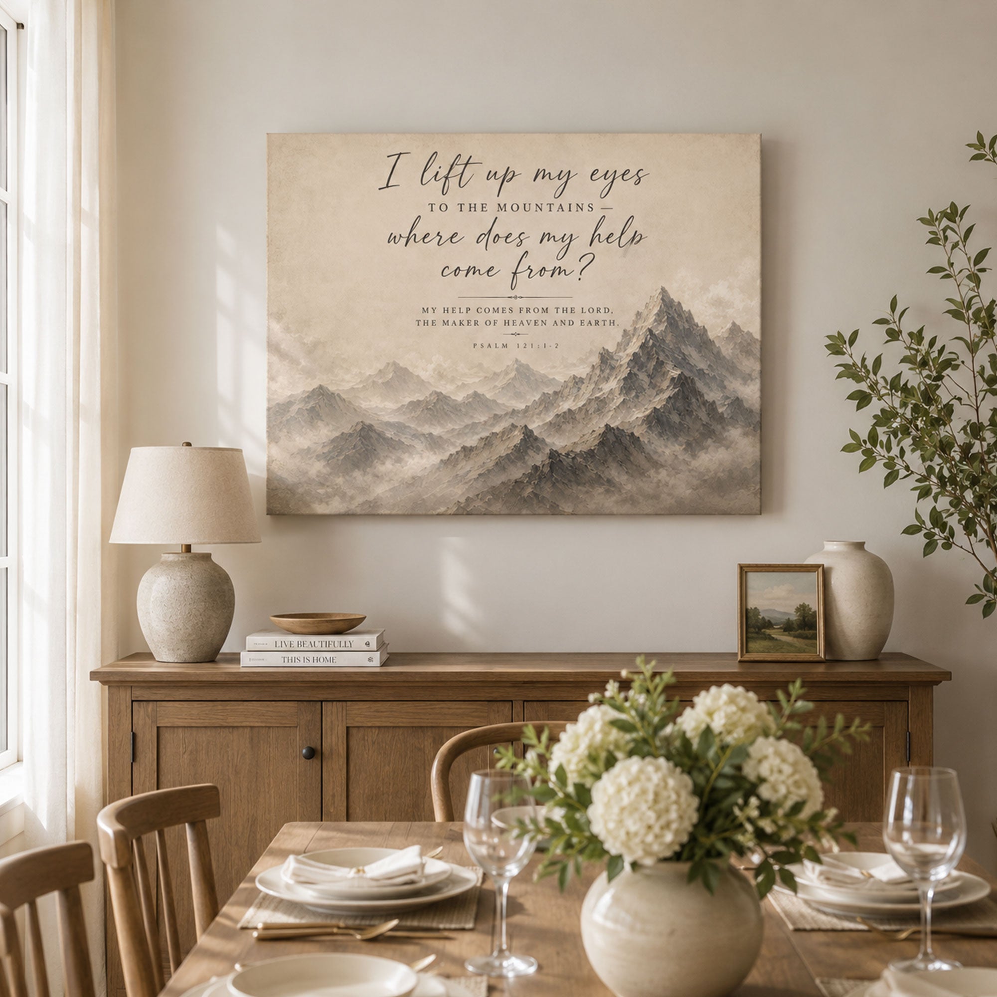 Psalm 121:1-2 Canvas Print, I Lift My Eyes to the Mountains Christian Scripture Wall Art, Faith Home Decor Gift