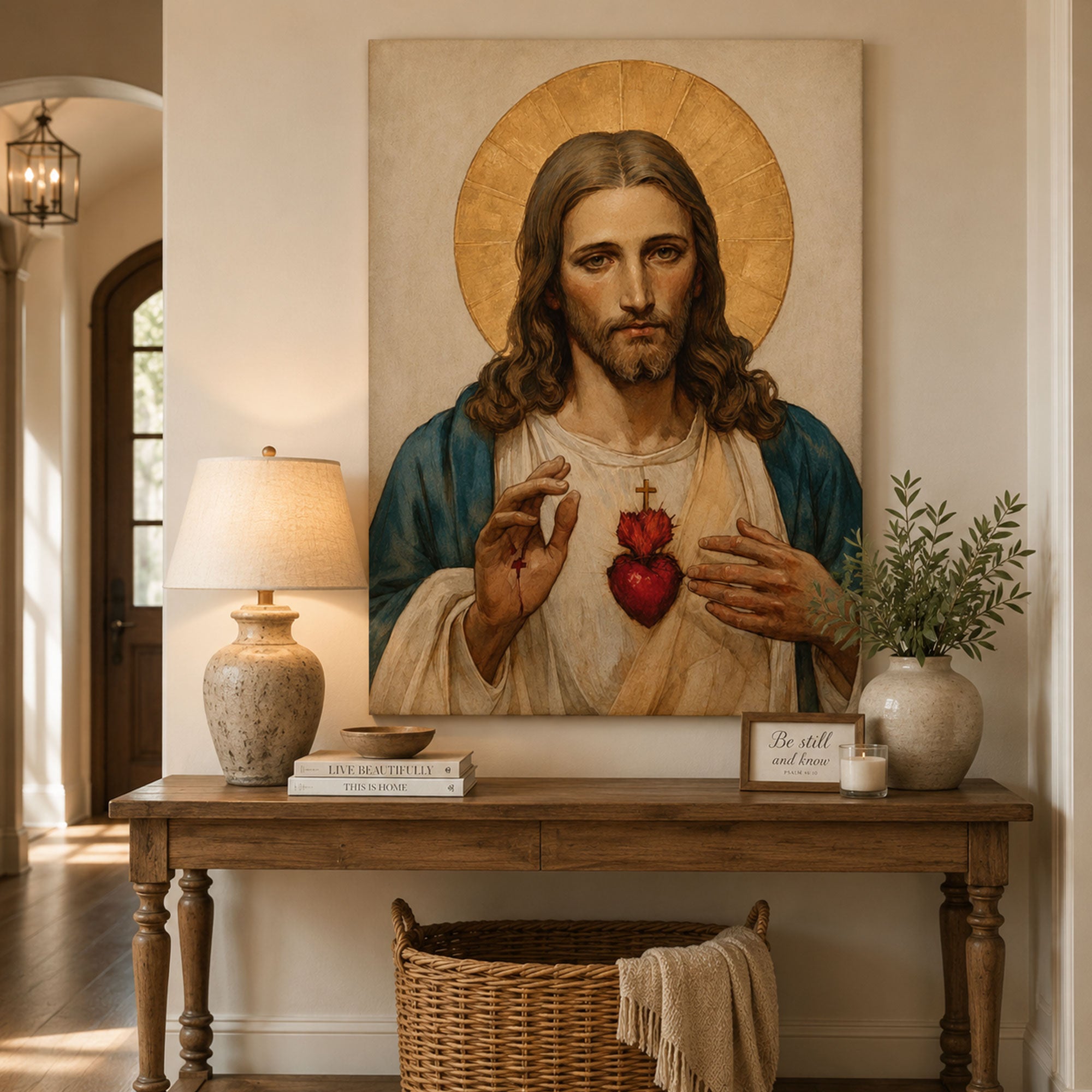 Sacred Heart of Jesus Watercolor Canvas Print, Catholic Christian Wall Art, Religious Faith Home Decor