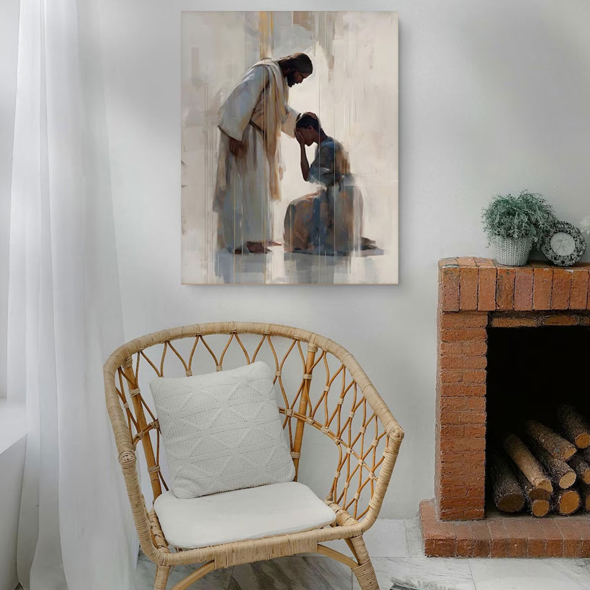 Jesus Comforts Black Woman Canvas Print, African American Christian Wall Art, Inspirational Faith Decor