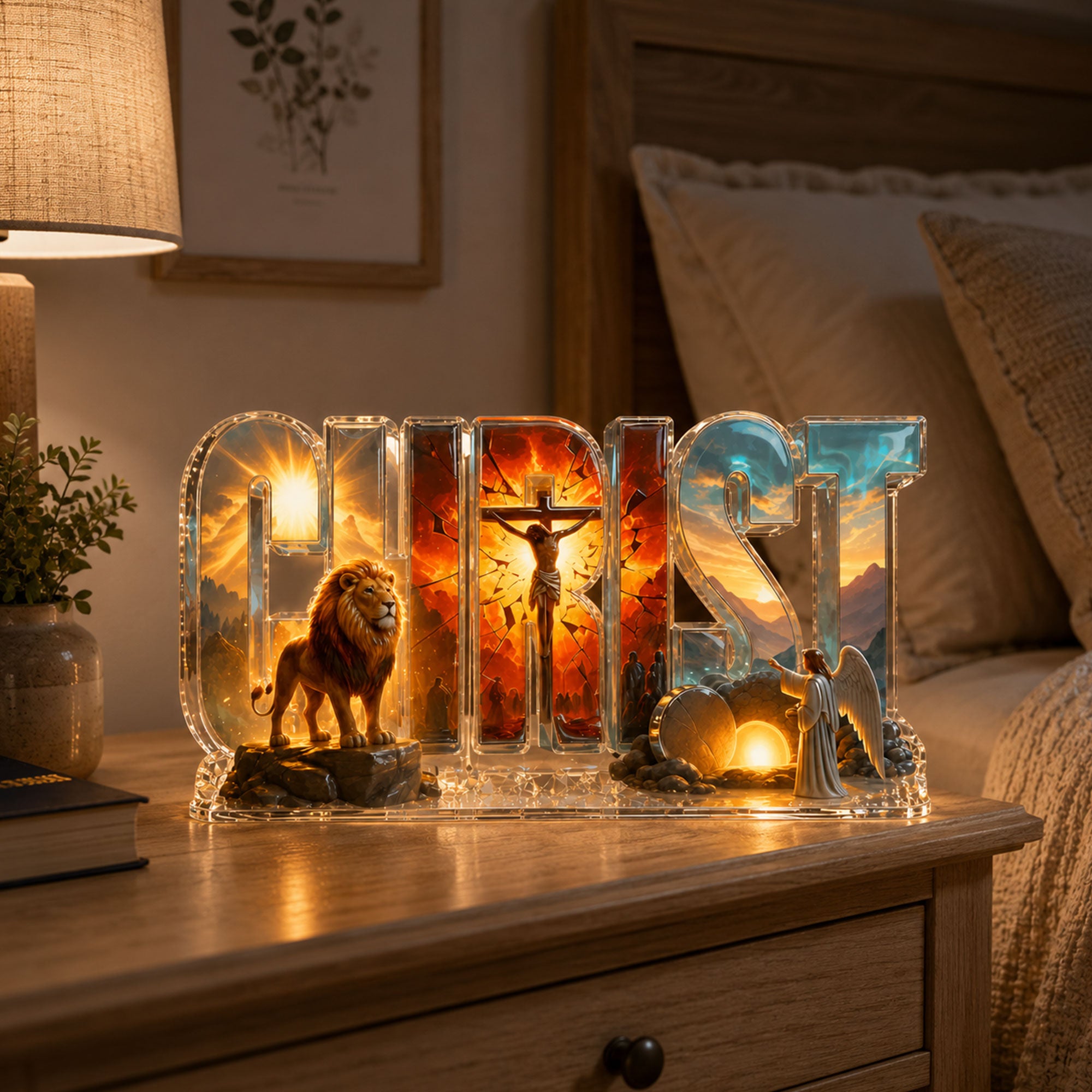 Christ Name Acrylic Plaque, Lion of Judah & Empty Tomb Christian Decor, 2D Flat Faith Table Display