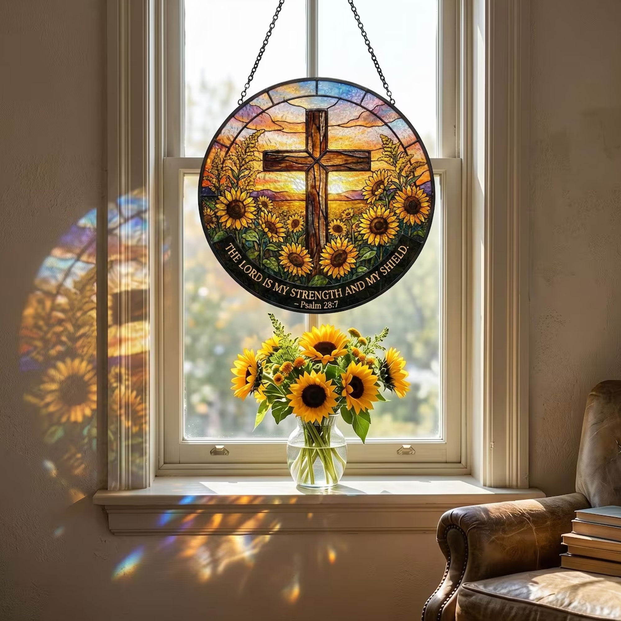 Psalm 28:7 Cross Suncatcher, The Lord Is My Strength and Shield, Sunflower Christian Window Decor