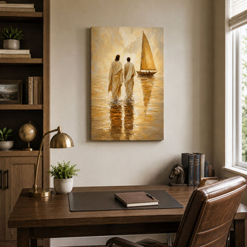 Jesus Walking Beside Disciple Canvas Print, Warm Coastal Christian Wall Decor