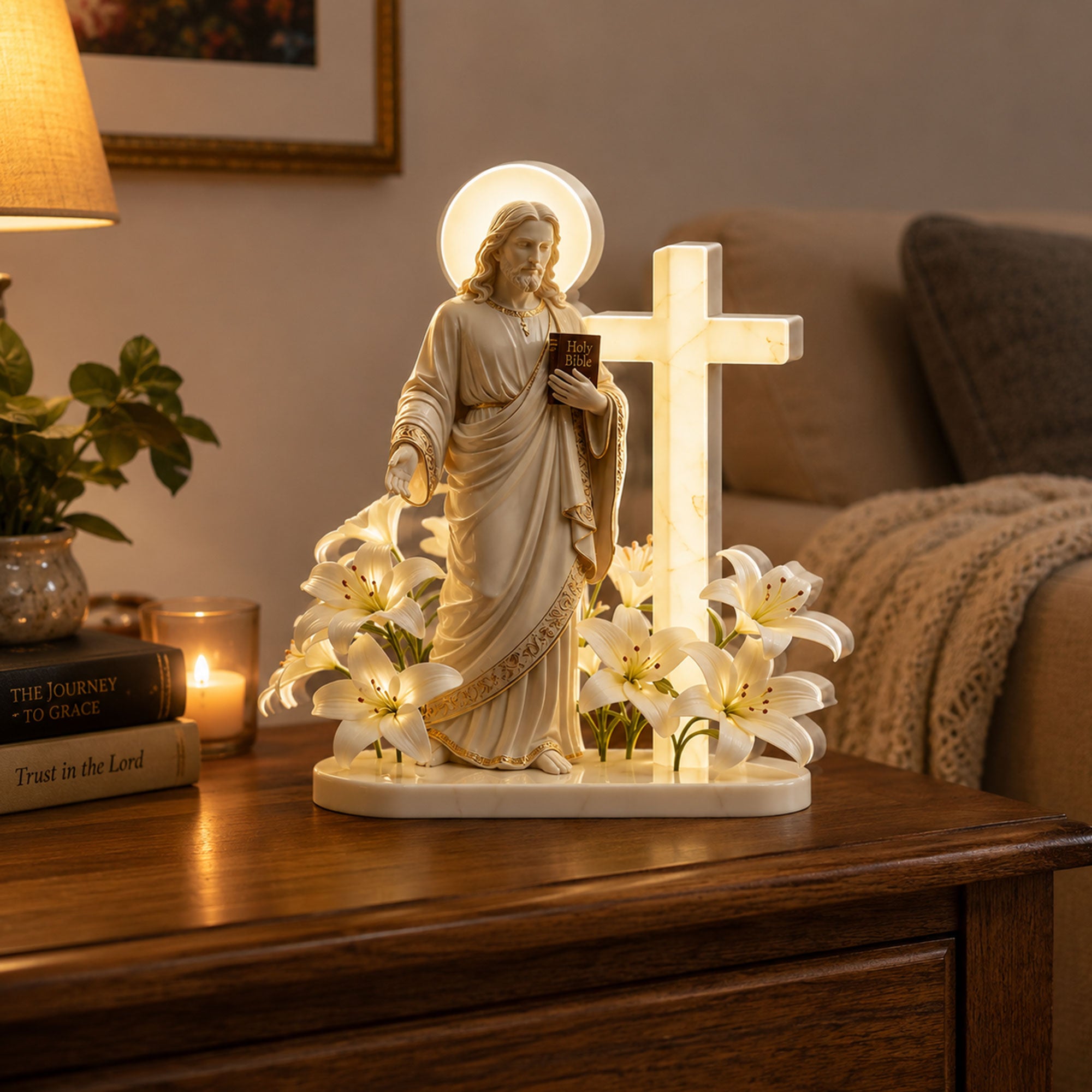 Jesus with Cross and Lilies Acrylic Plaque, 2D Flat Christian Table Decor, Single-Sided Easter Gift