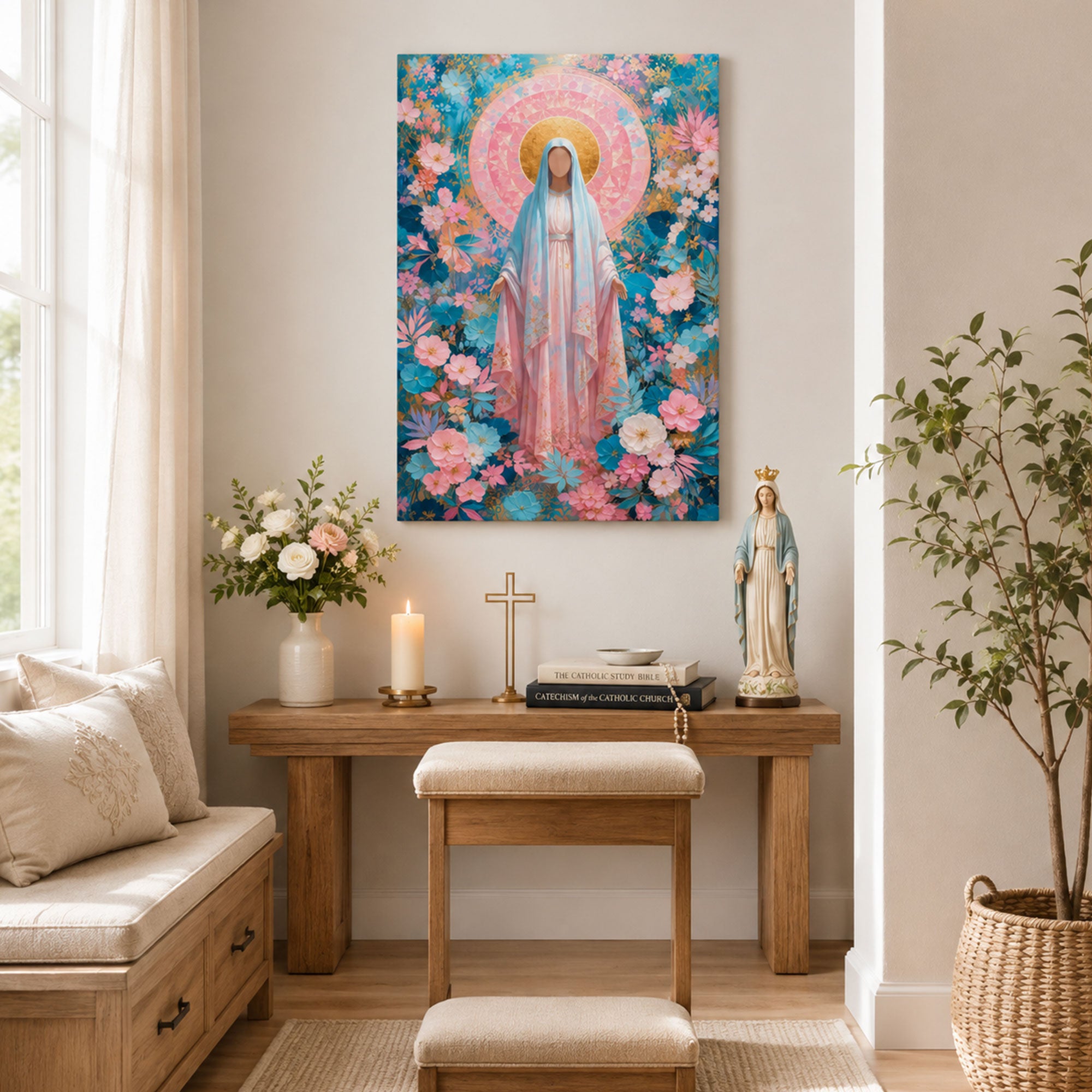 Our Lady of Grace Canvas Print, Floral Virgin Mary Catholic Wall Decor, Marian Faith Gift