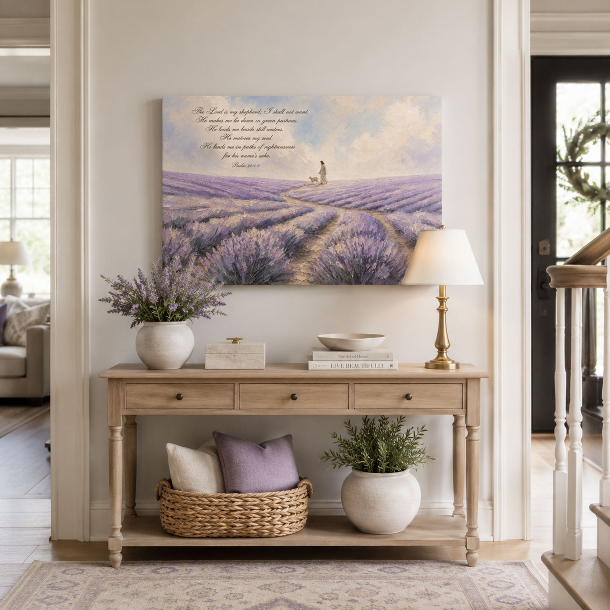 Psalm 23:1-3 Good Shepherd in Lavender Field Canvas Print, Christian Home Decor