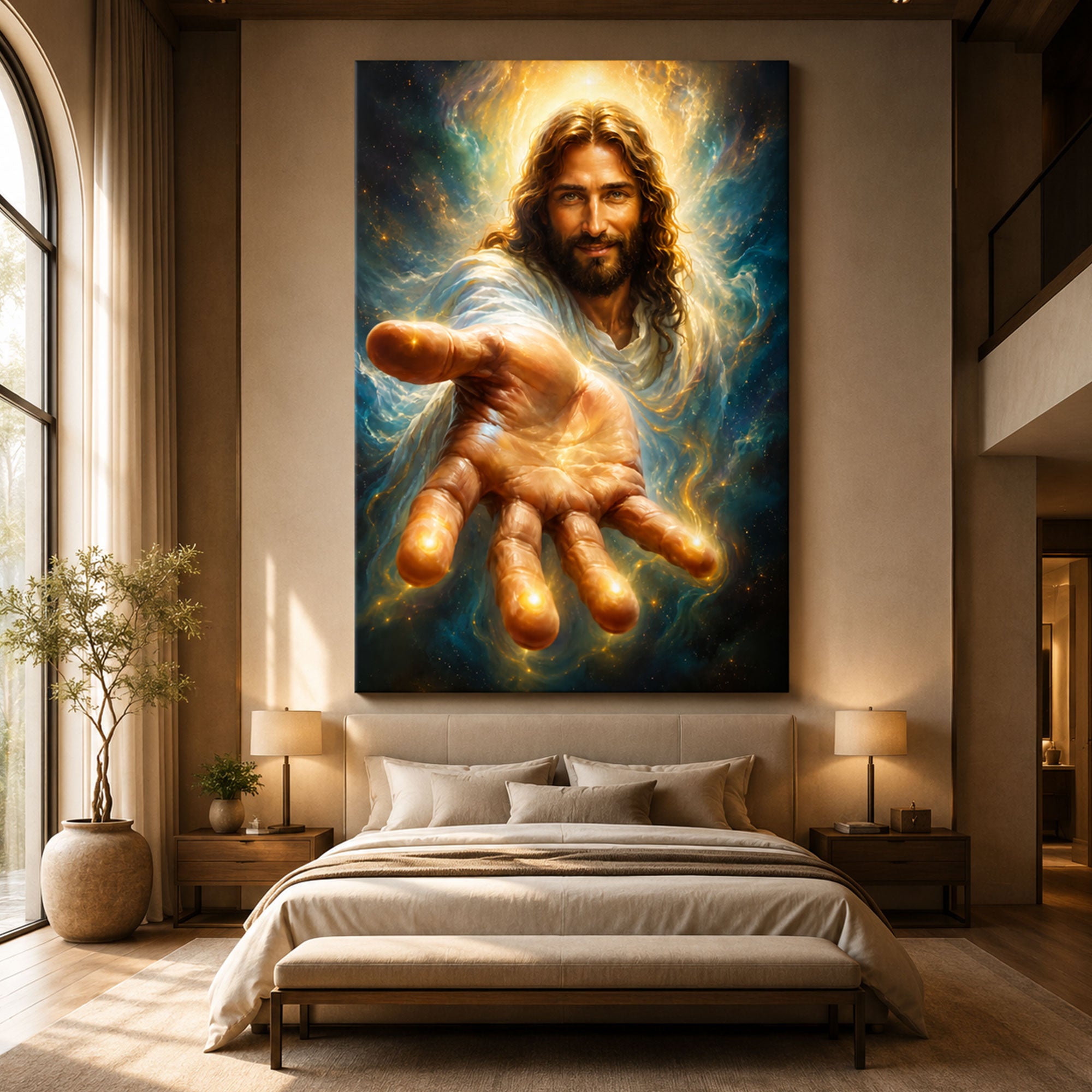 Heavenly Jesus Reaching Hand Canvas Print, Glowing Divine Light Christian Wall Art, Spiritual Galaxy Faith Decor