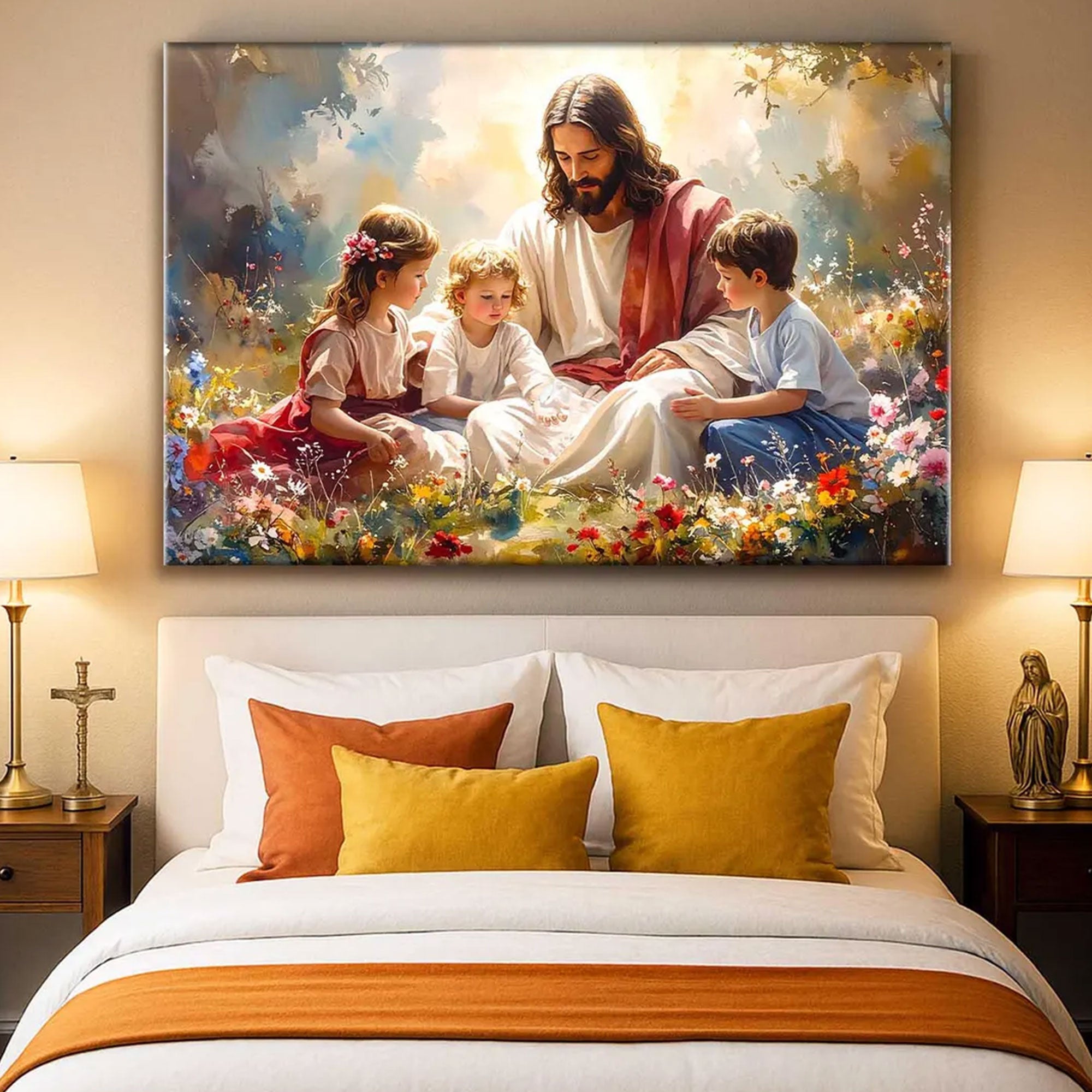 Jesus With Children Canvas Print, Christian Faith Wall Art, Religious Home Decor, Living Room Artwork
