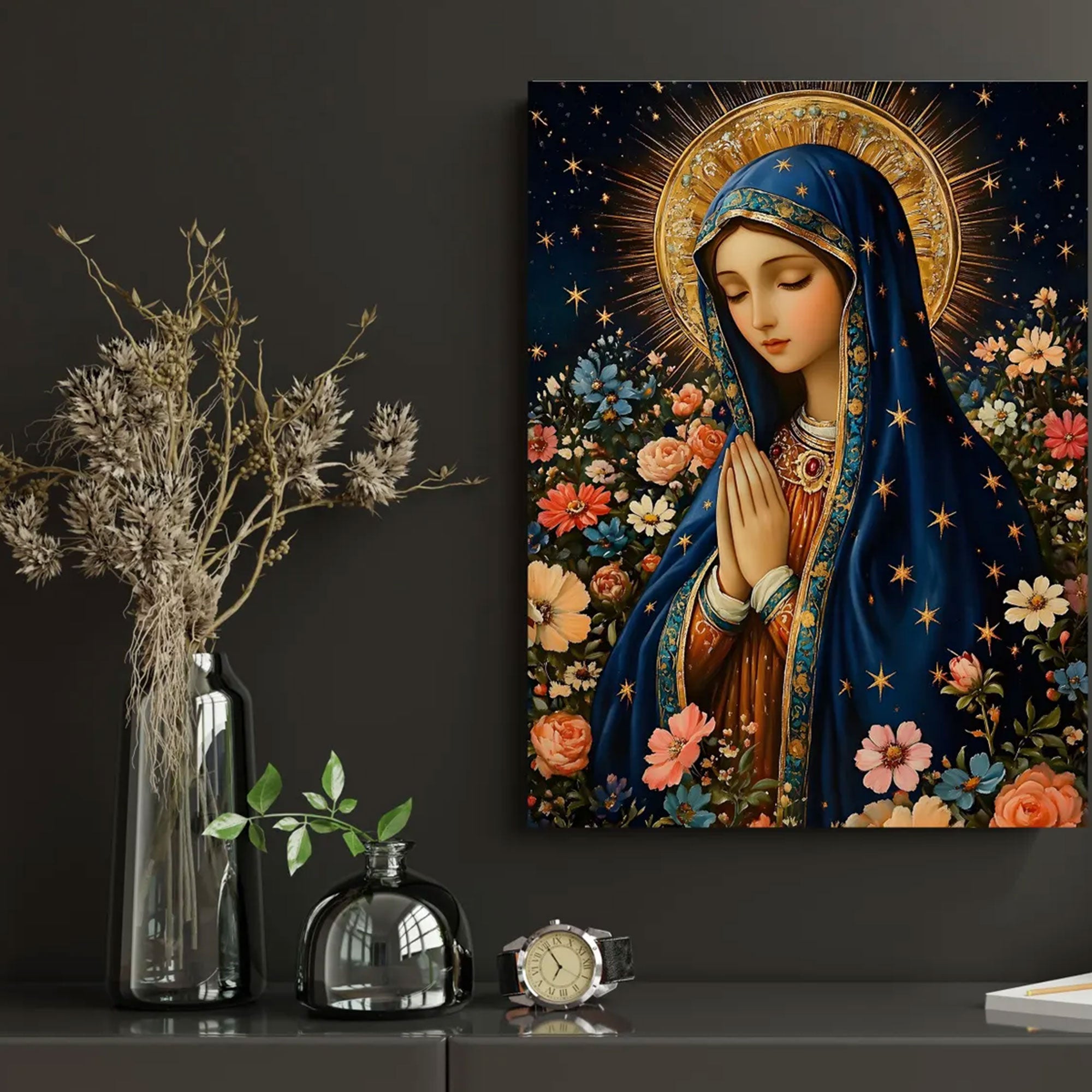 Virgin Mary Canvas Print, Starry Madonna Floral Wall Art, Catholic Home Decor, Blessed Mother Faith Artwork