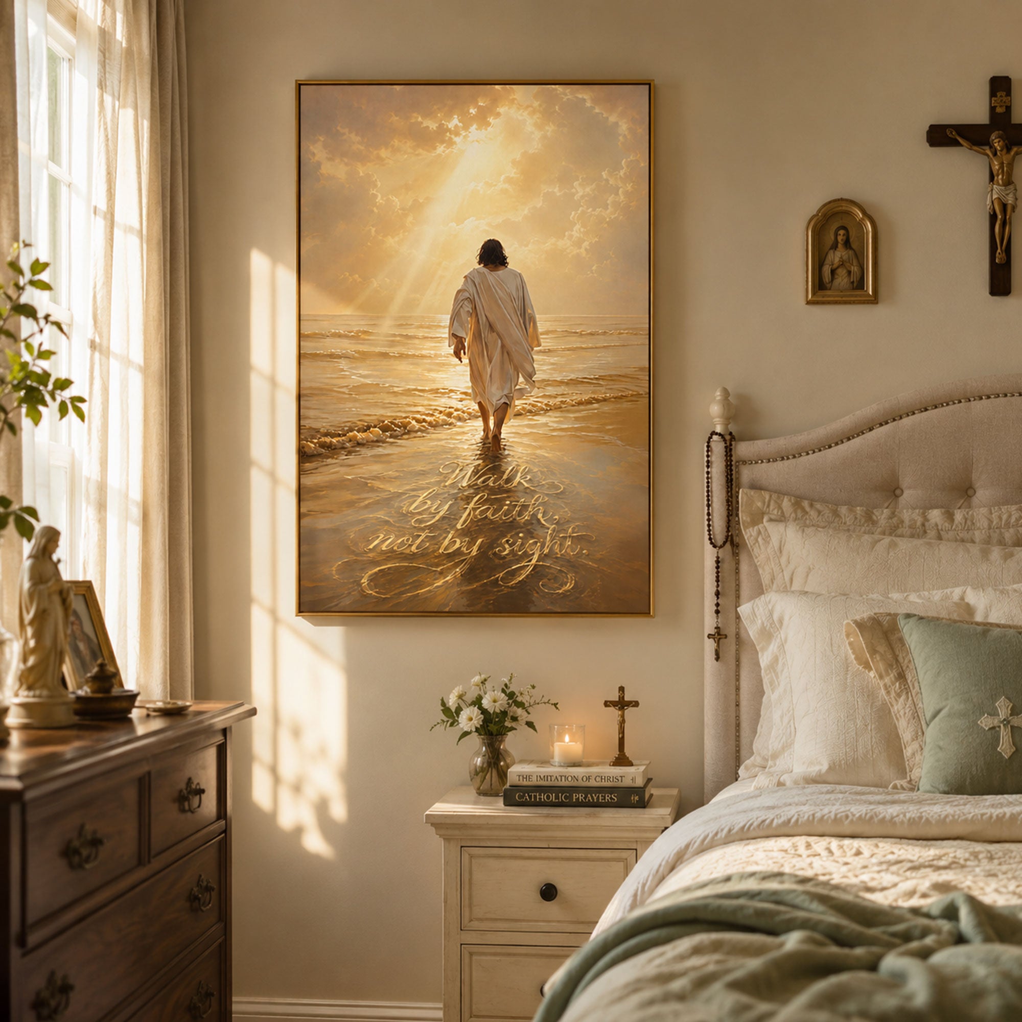 Walk by Faith, Not by Sight Canvas Wall Art, Jesus Walking on Water Christian Decor, Inspirational Scripture Faith Artwork