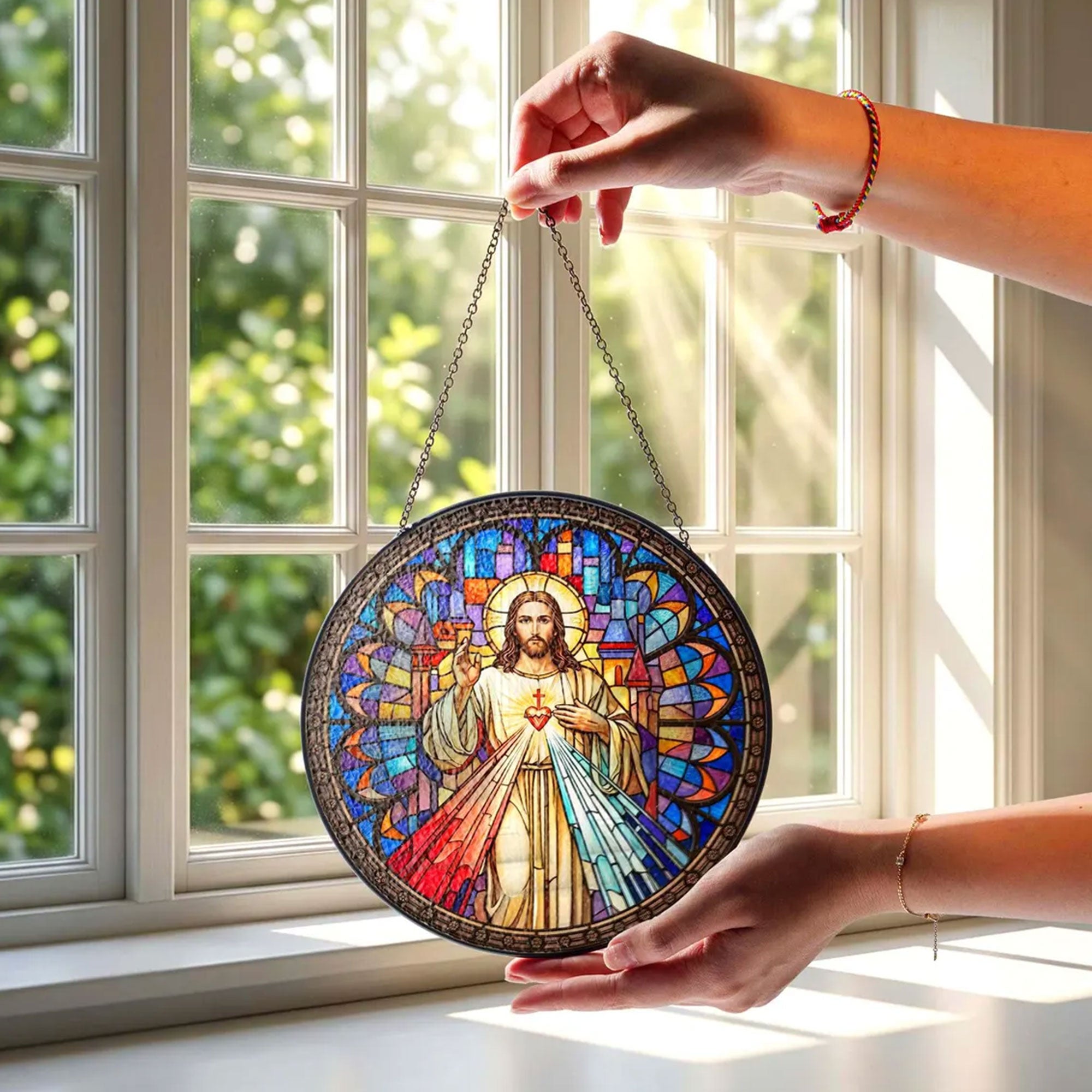 Divine Mercy Jesus Stained Glass Suncatcher, Catholic Window Hanging Decor, Sacred Heart Christian Faith Gift