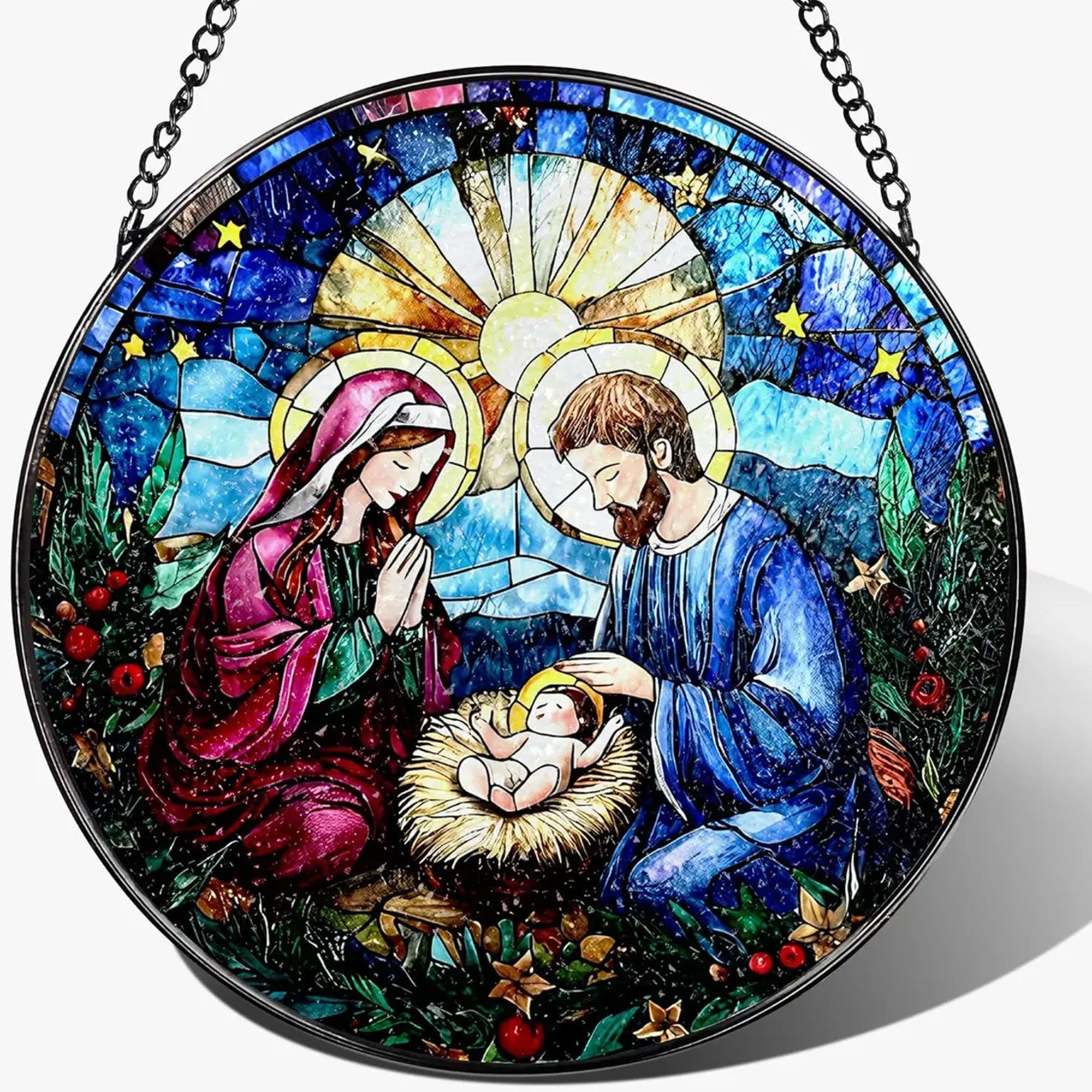 Nativity Stained Glass Suncatcher, Holy Family Window Hanging, Christian Christmas Decor Gift