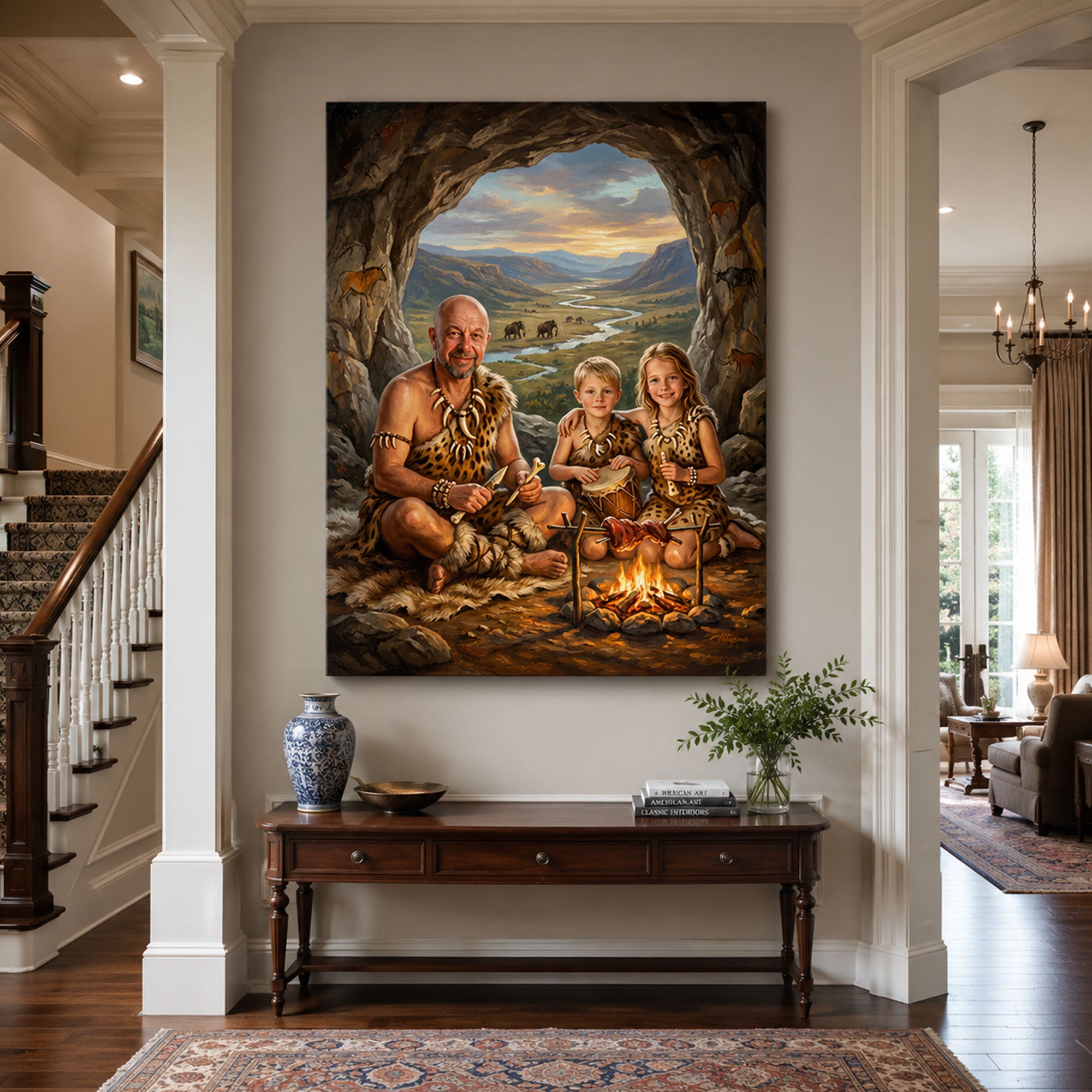 Personalized Cave Family Canvas Print, Custom Caveman Dad and Kids Portrait, Father’s Day Gift