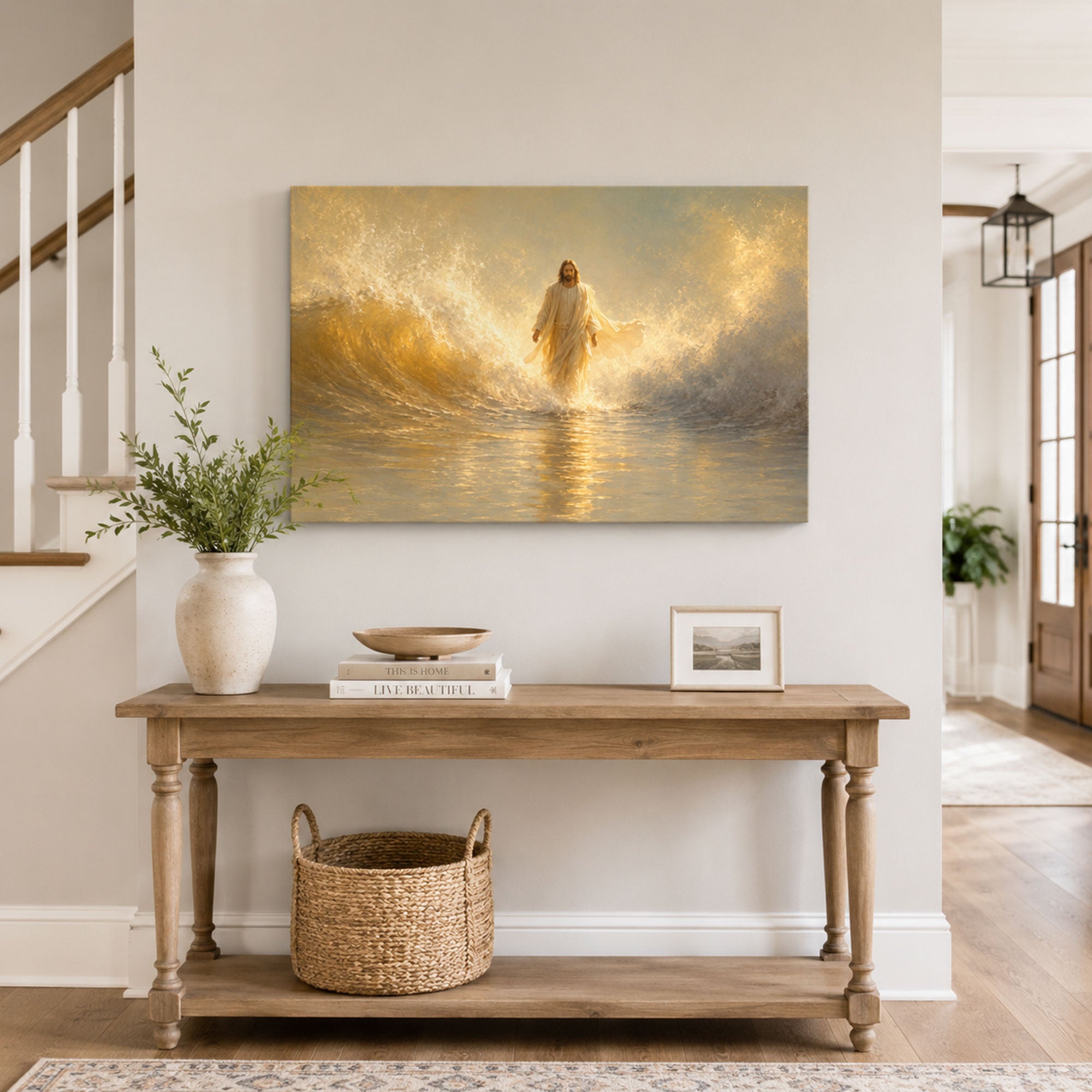 Jesus Walking on Water Canvas Print, Golden Sea Christian Wall Art, Light of Christ Faith Home Decor Gift