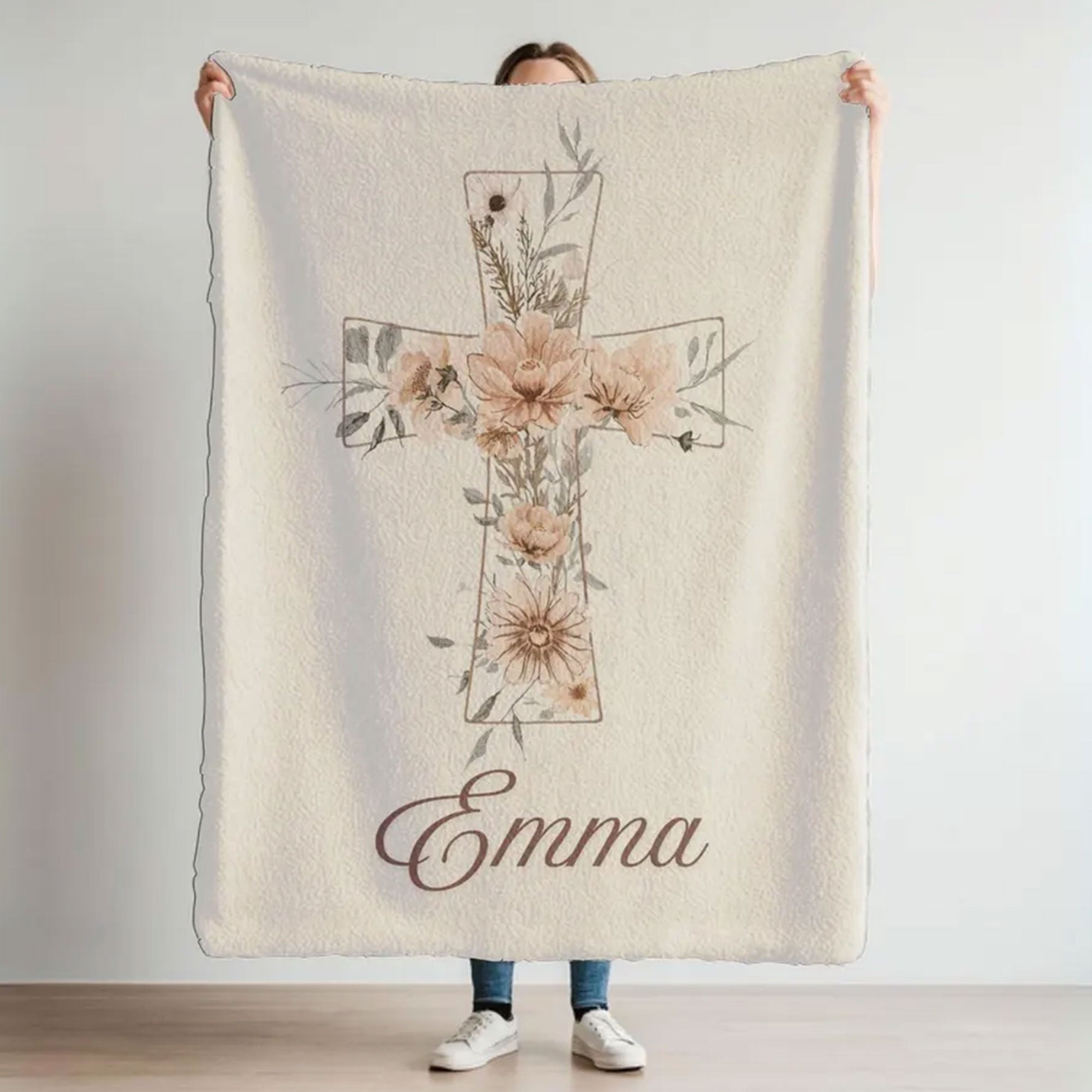 Personalized Floral Cross Fleece Blanket, Christian Baby Girl Throw, Baptism Keepsake, Faith Nursery Decor