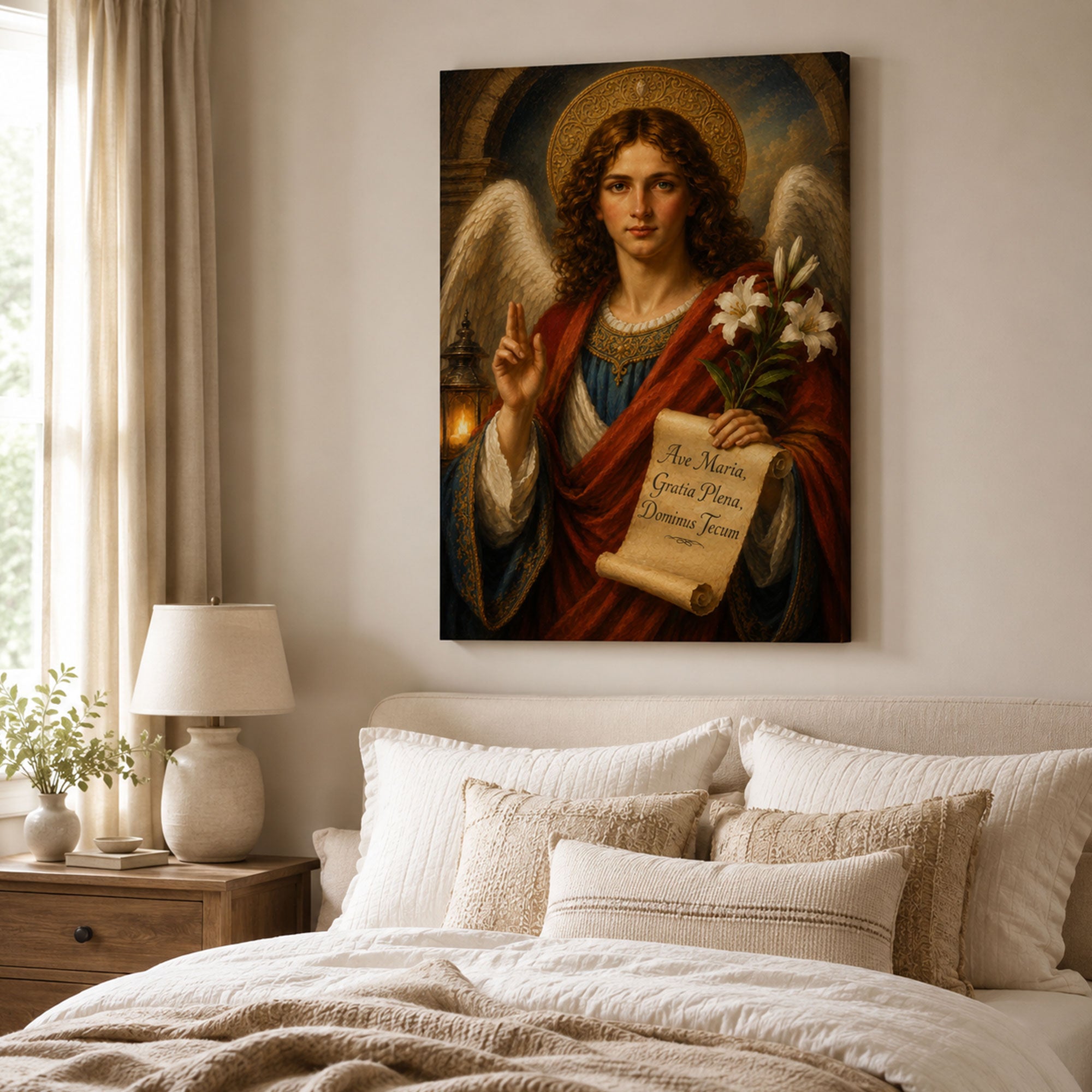 Archangel Gabriel Ave Maria Canvas Print, Catholic Angel Wall Art, Faith Home Decor Gift