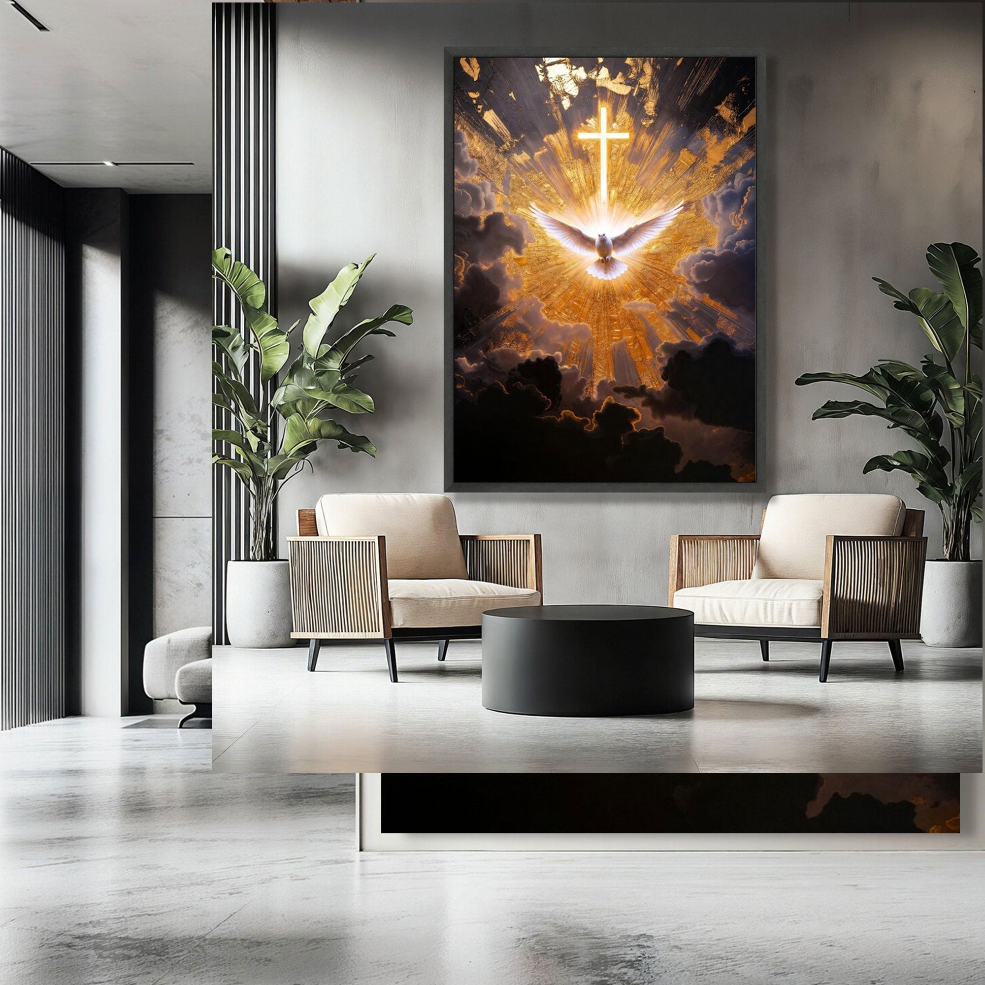 Radiant Holy Spirit Canvas Print, Glowing Cross and Dove Wall Art, Golden Light Christian Decor, Symbol of Divine Presence, Inspirational Faith Gift