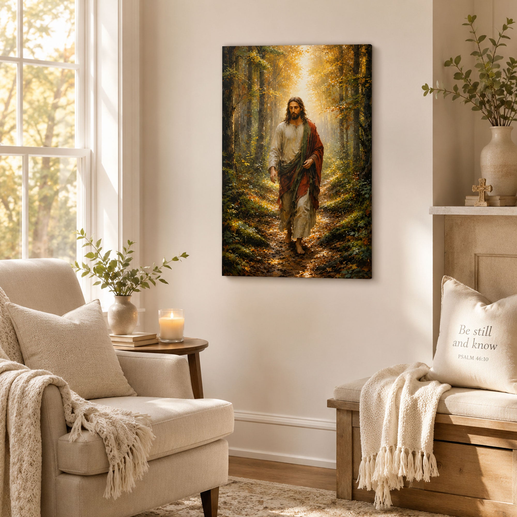 Jesus Walking the Autumn Path Canvas Print, Golden Forest Christian Decor