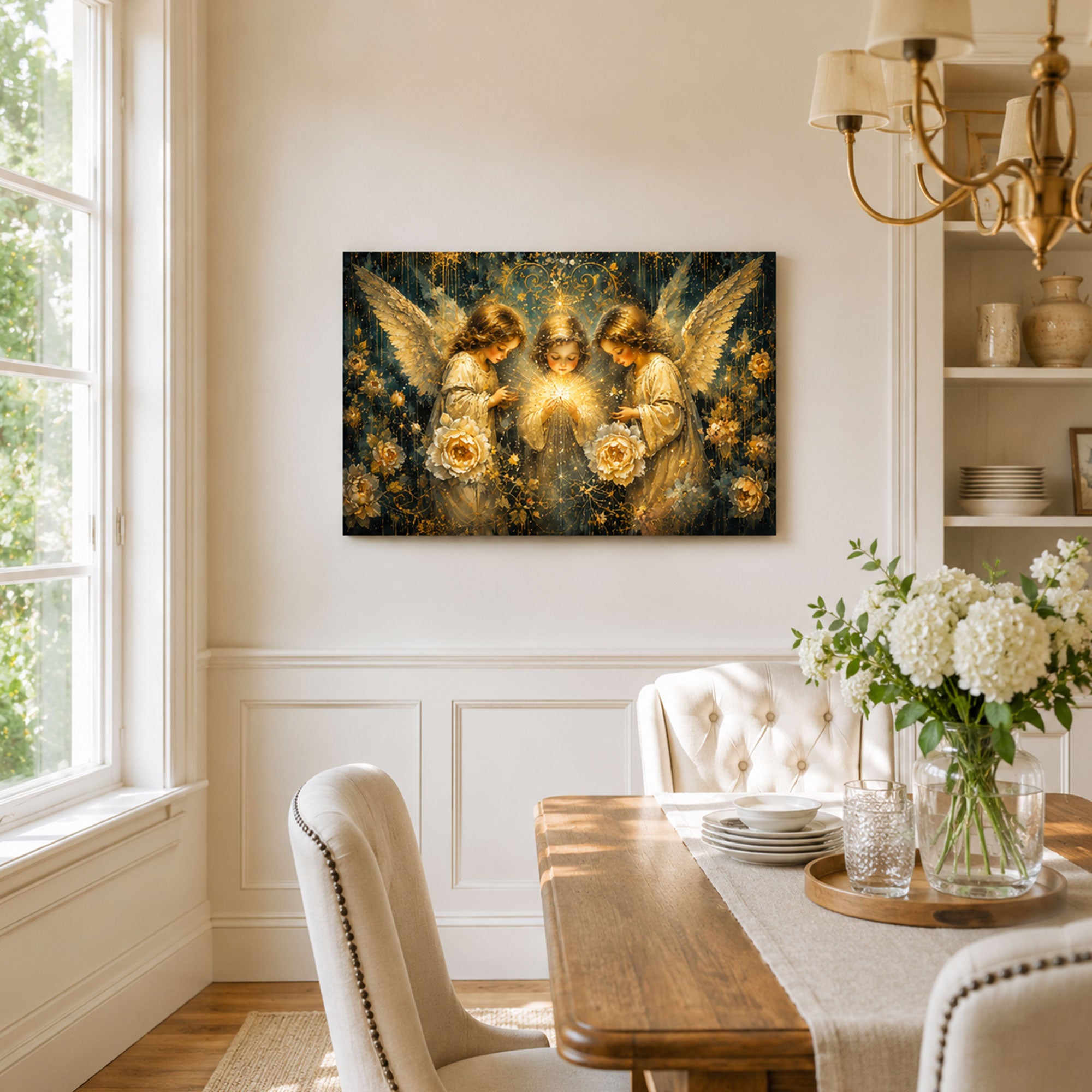 Three Angels of Light Canvas Print, Christian Angel Wall Art, White Rose Faith Home Decor Gift