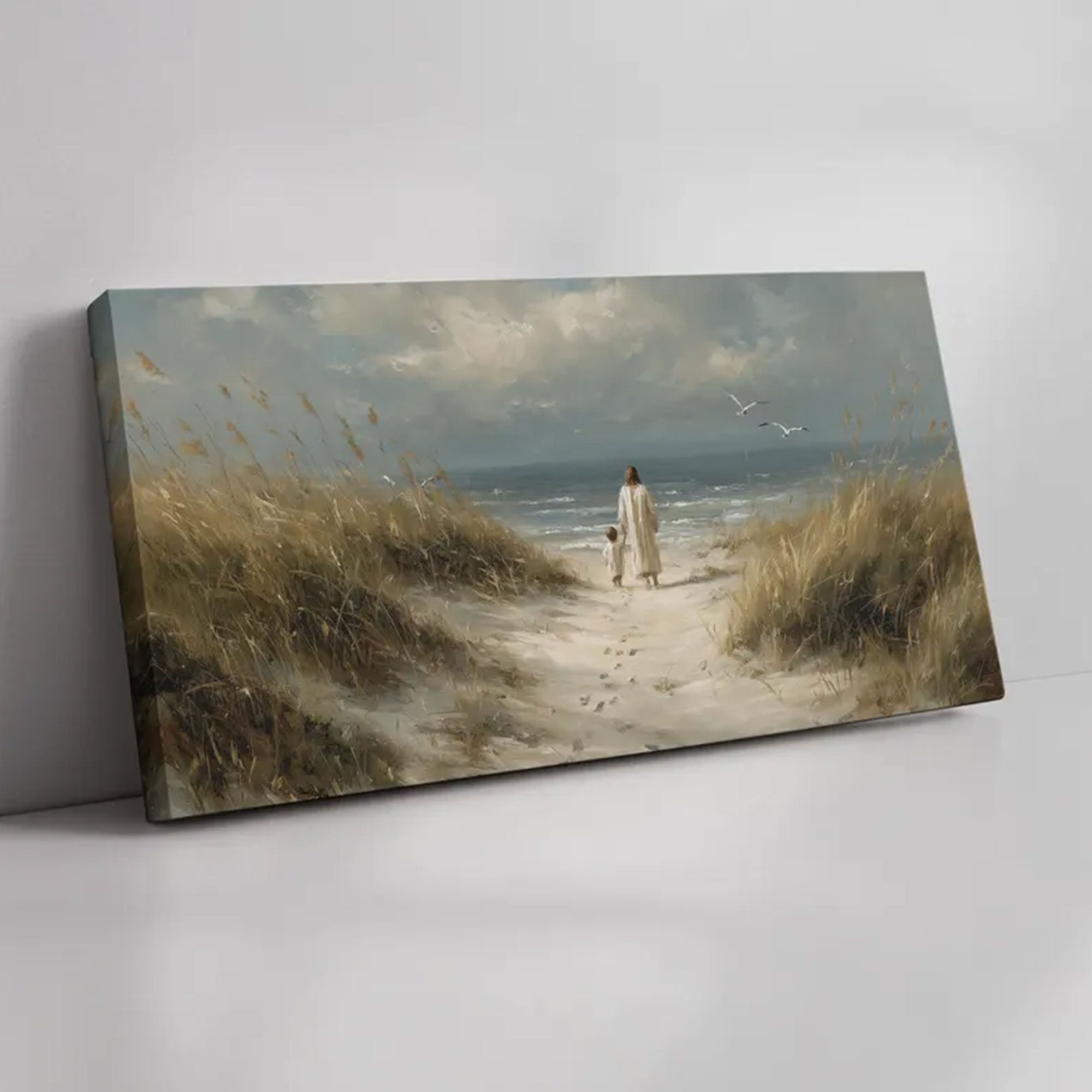 Jesus and Child Beach Canvas Print, Christian Coastal Wall Art, Faith Family Decor, Biblical Gift