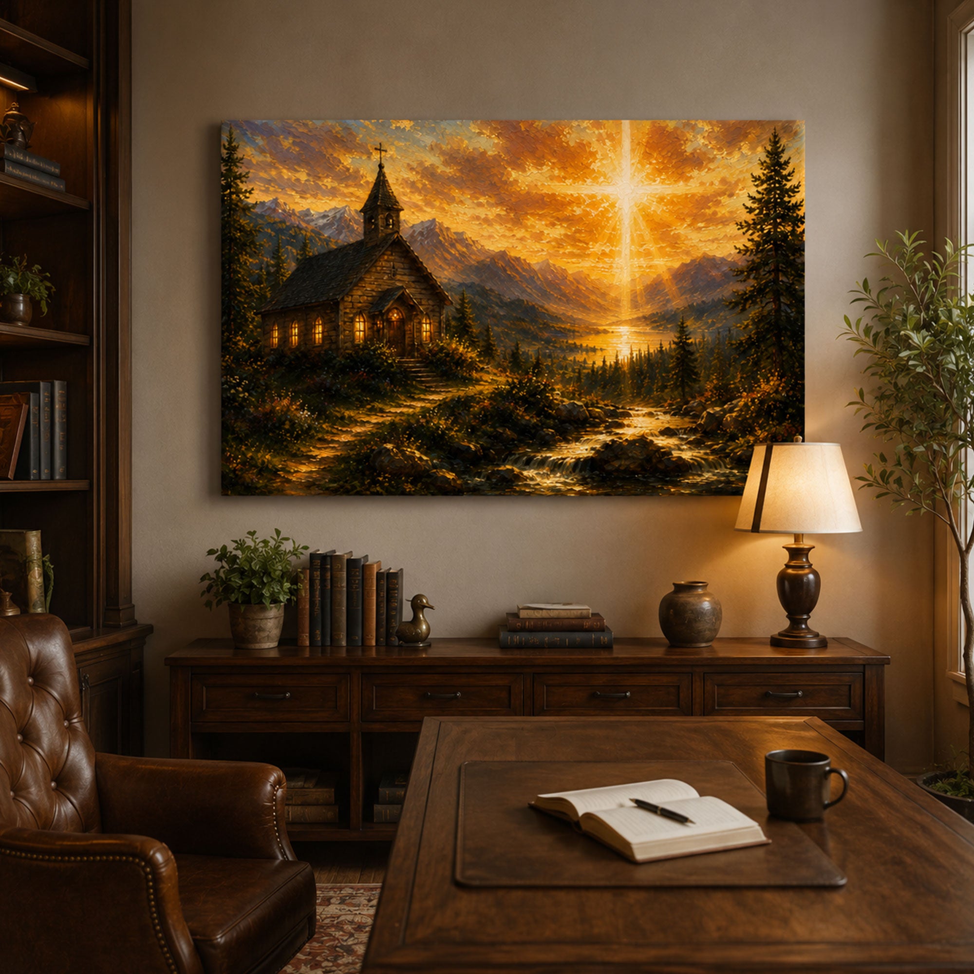 Mountain Church Canvas Print, Heavenly Cross Christian Wall Art, Faith Home Decor