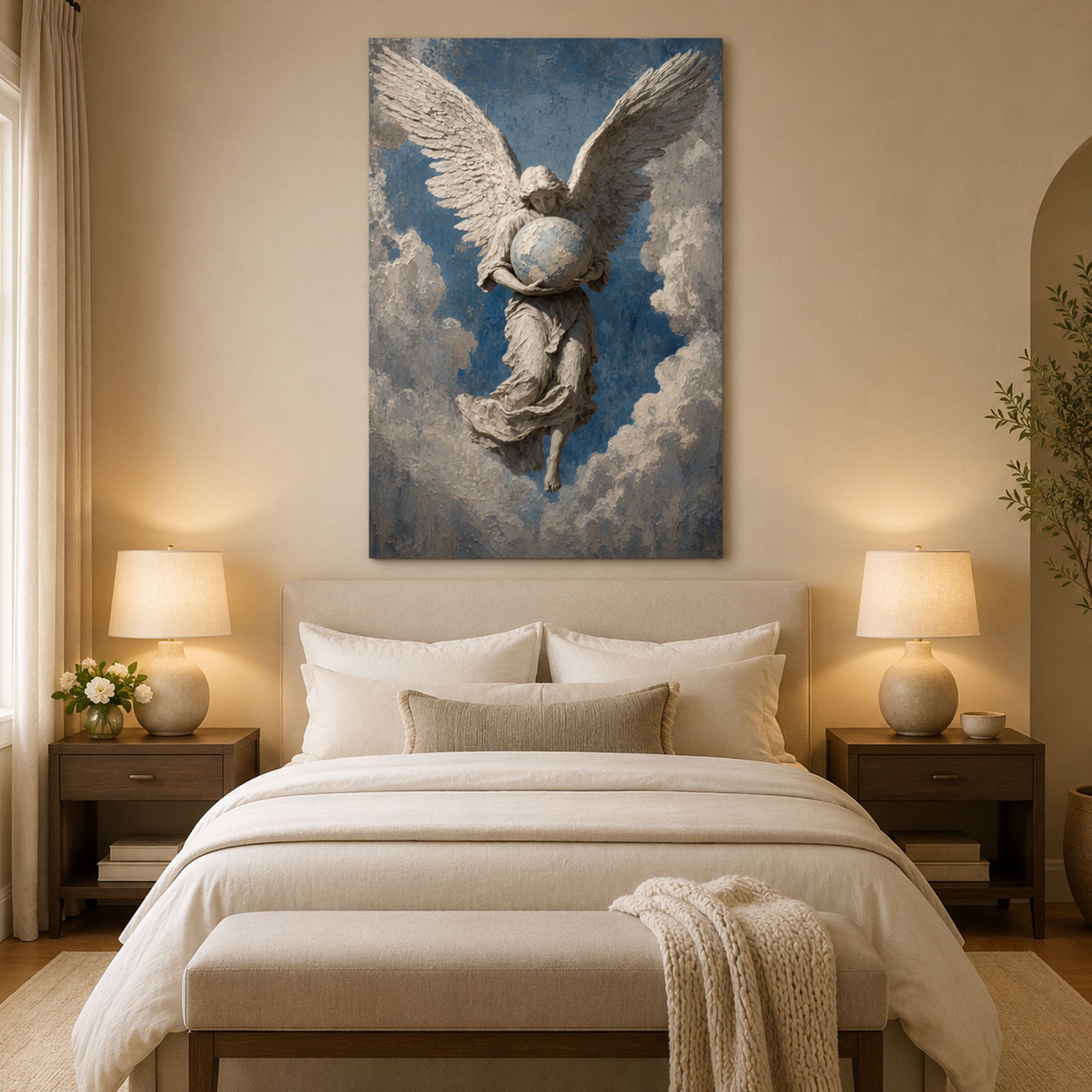 Heavenly Angel Holding the World Canvas Print, Christian Angel Wall Art, Faith Home Decor Gift
