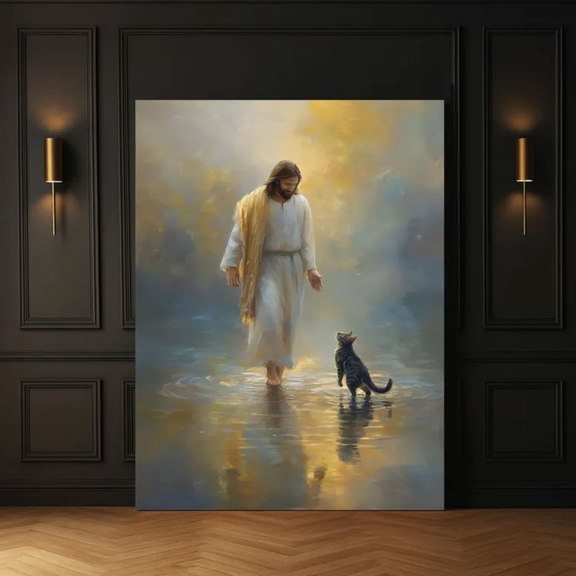 Jesus and Cat Canvas Print, Peaceful Christian Wall Art, Religious Home Decor, Gift for Cat Lovers