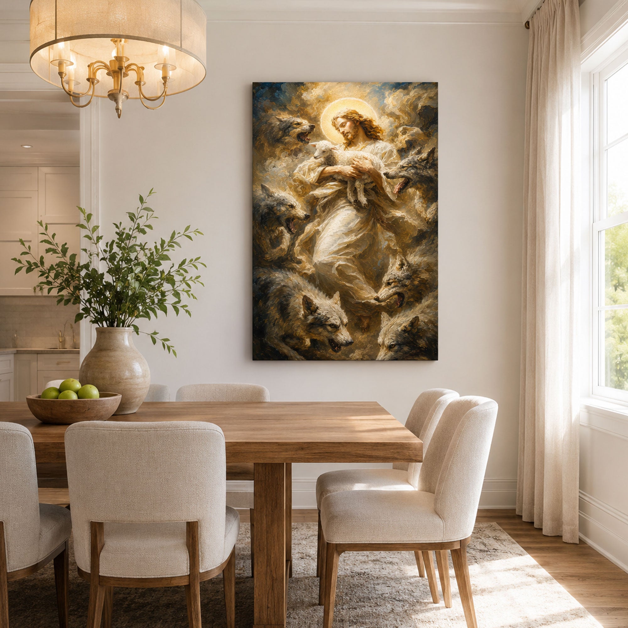 Jesus Protecting the Lamb from Wolves Canvas Print, Good Shepherd Christian Wall Decor, Faith Gift