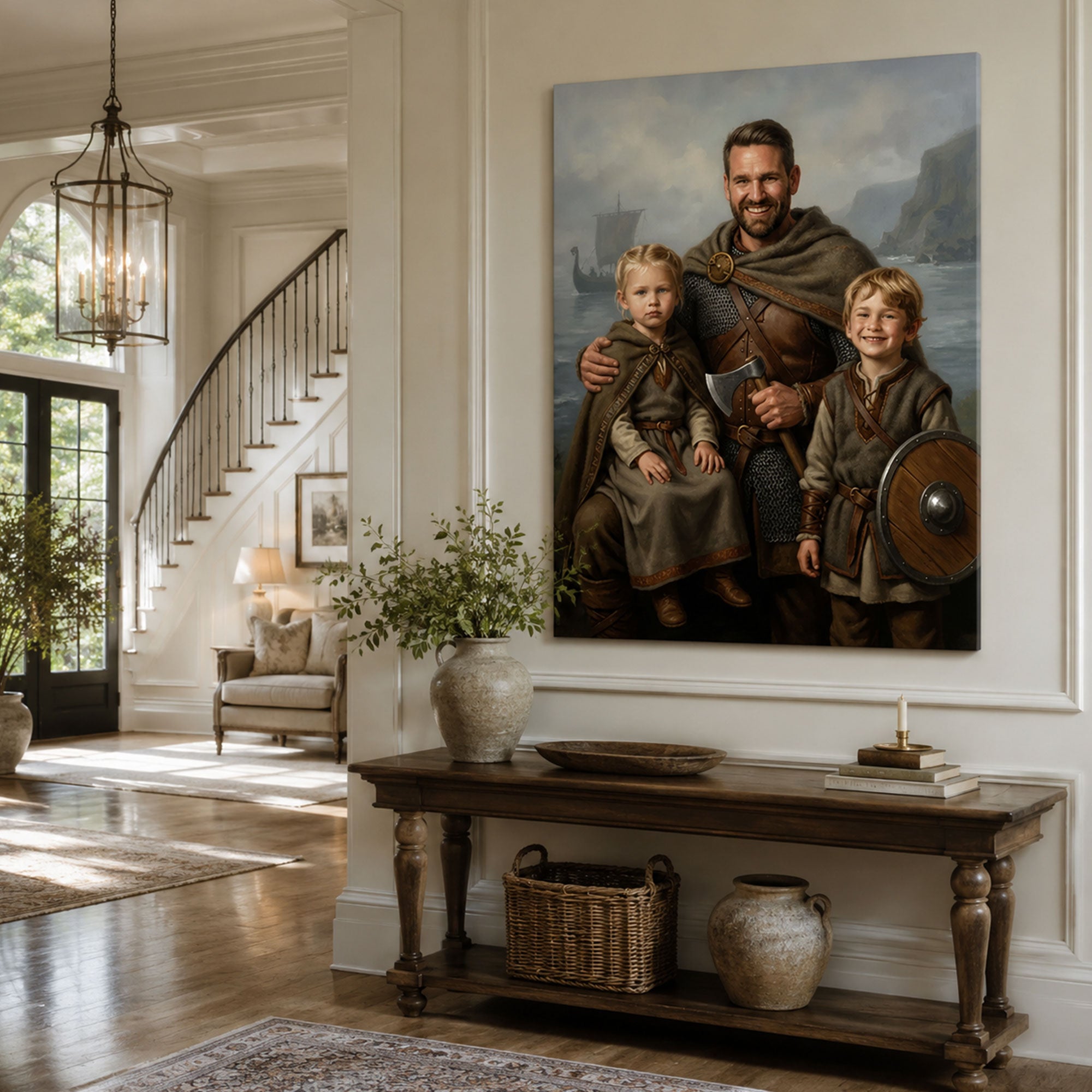 Custom Viking Family Canvas Print, Personalized Dad And Kids Portrait Wall Art