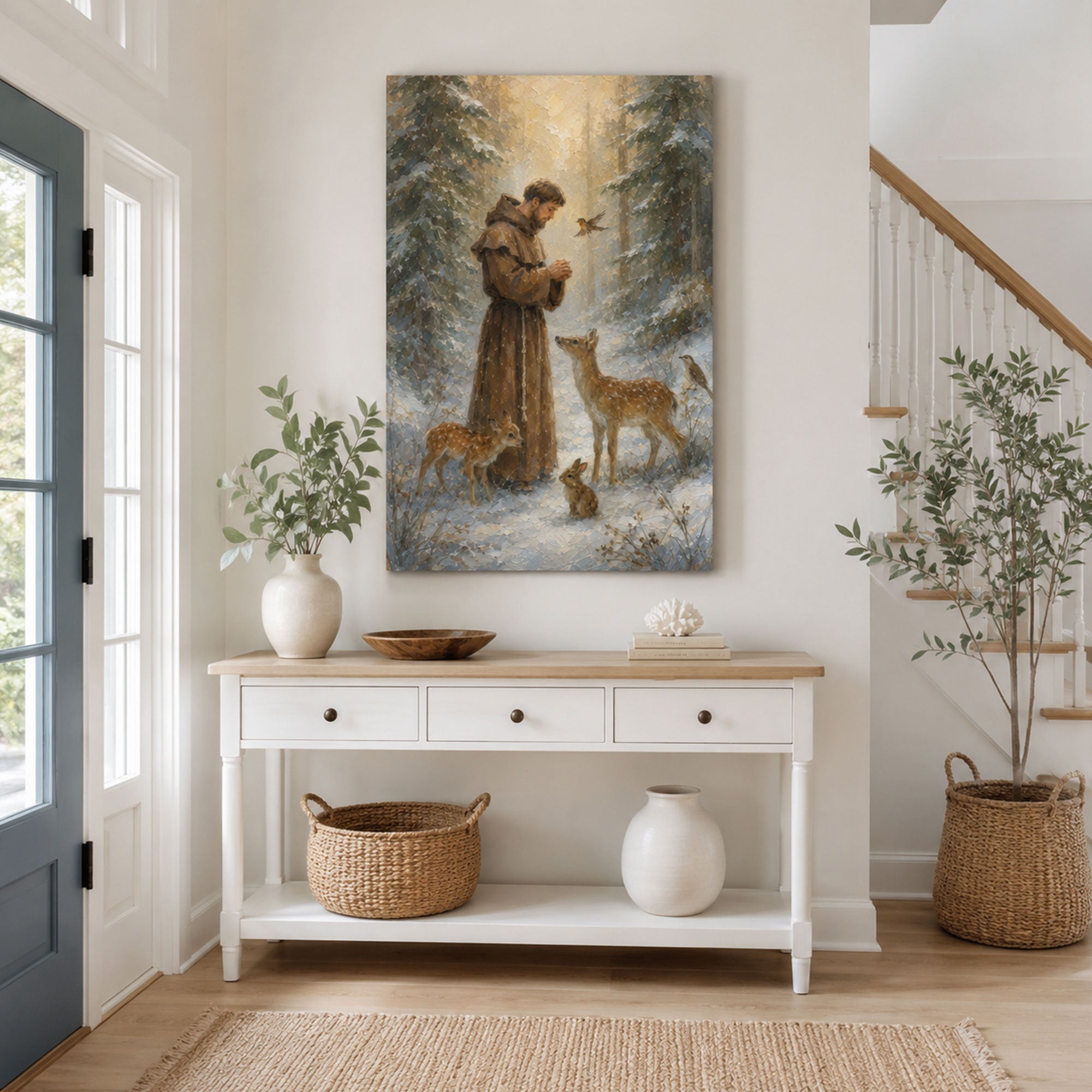 Saint Francis of Assisi Canvas Print, Catholic Saint Wall Art with Woodland Animals, Christian Home Decor Gift