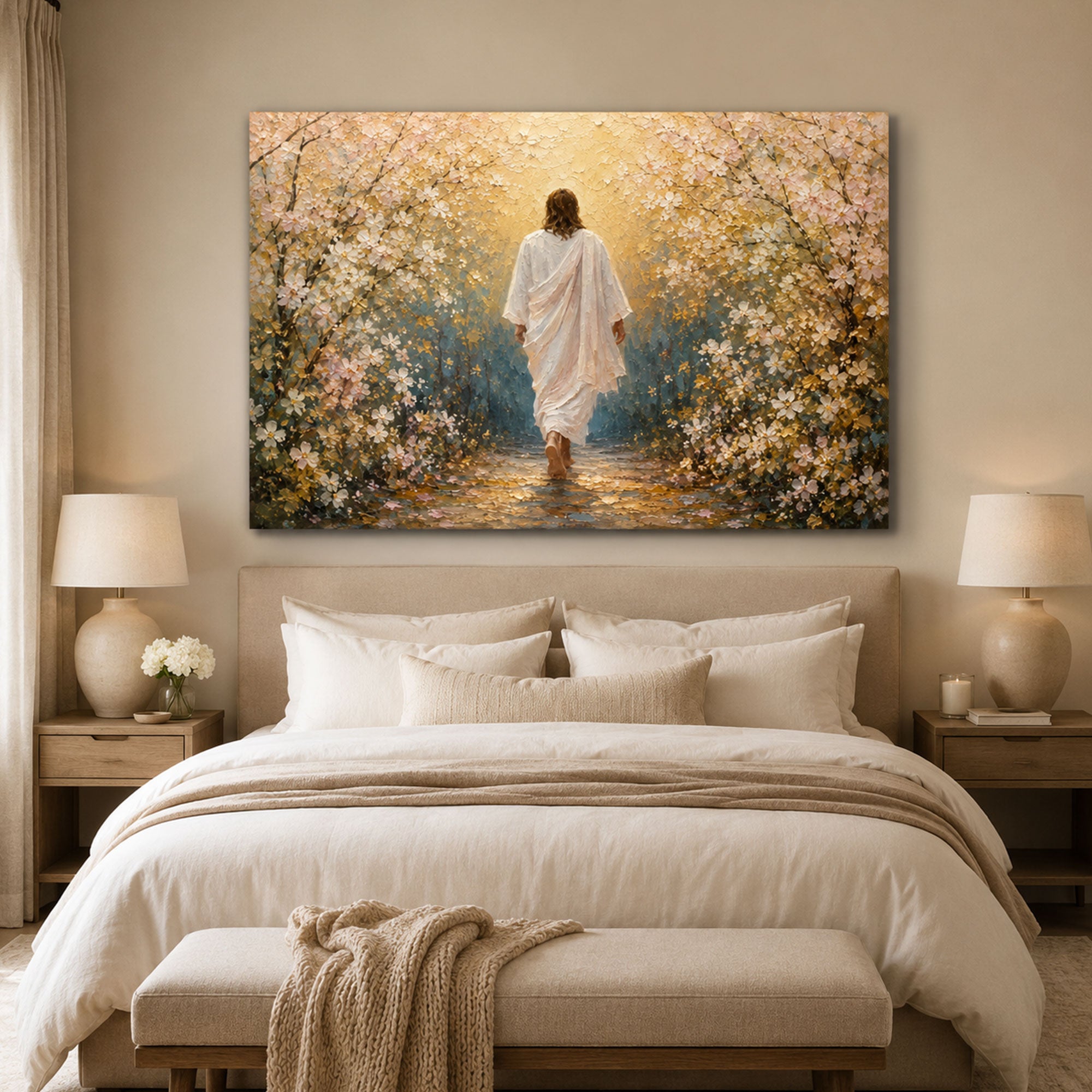 Jesus Leading the Way Canvas Print, Walk With Jesus Christian Wall Art, Floral Faith Journey Home Decor