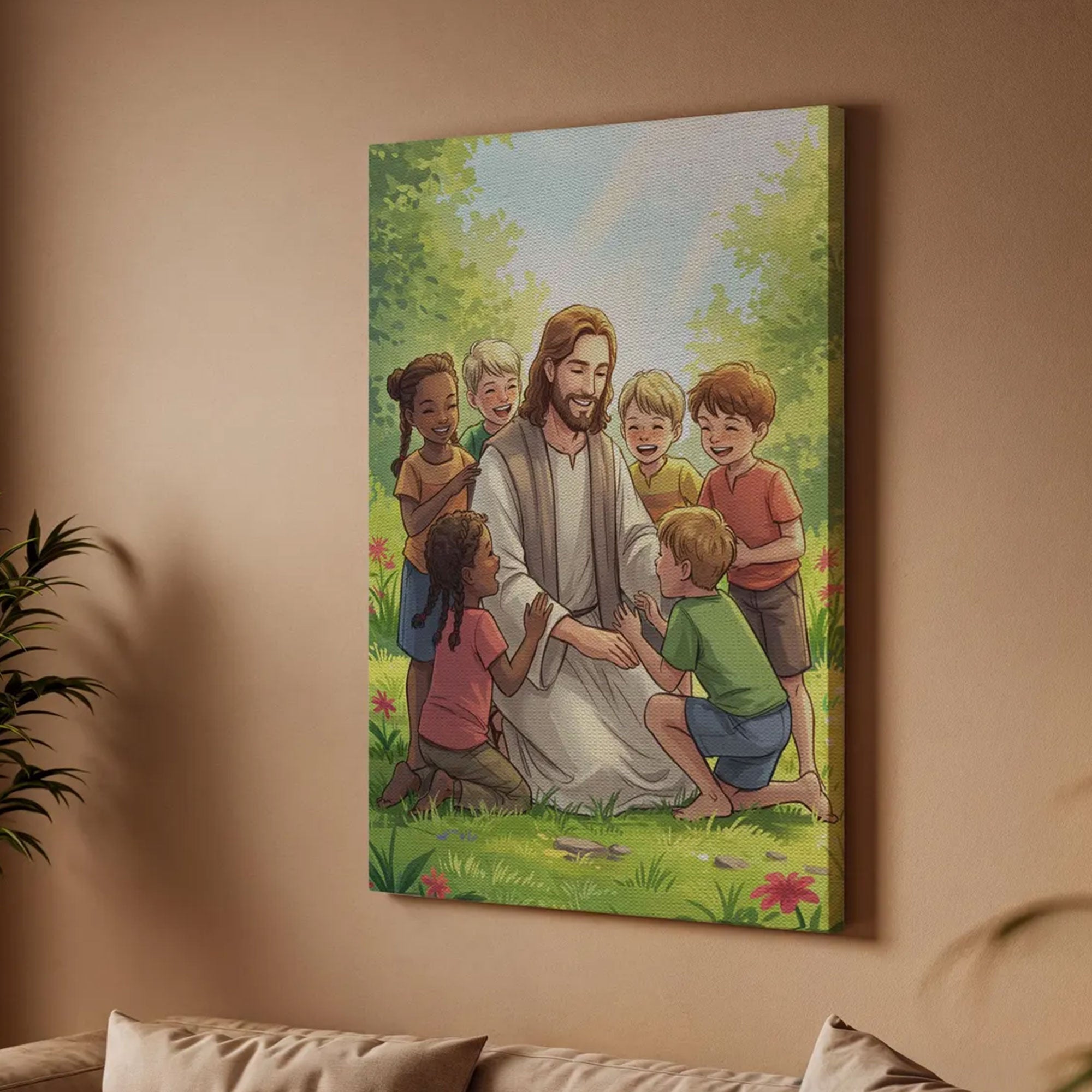 Jesus with Children Canvas Print Joyful Christian Wall Art Faith Filled Home Decor Spiritual Gift of Love and Innocence