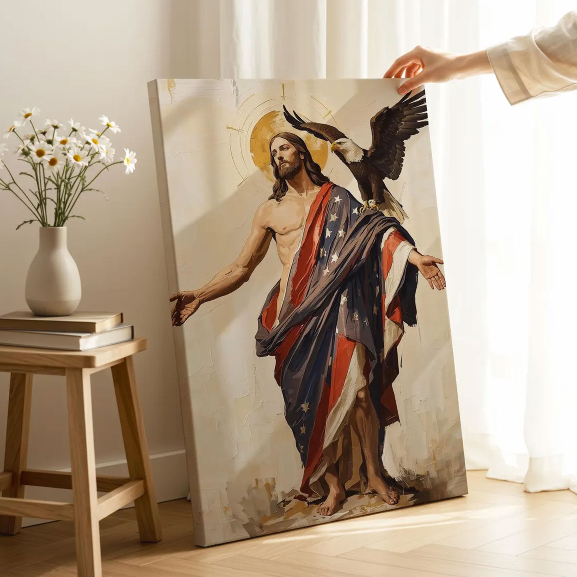 250th Anniversary Wall Art: Jesus Eagle American Flag Canvas Christian Decor USA 250 Patriotic Faith Poster 1776 2026