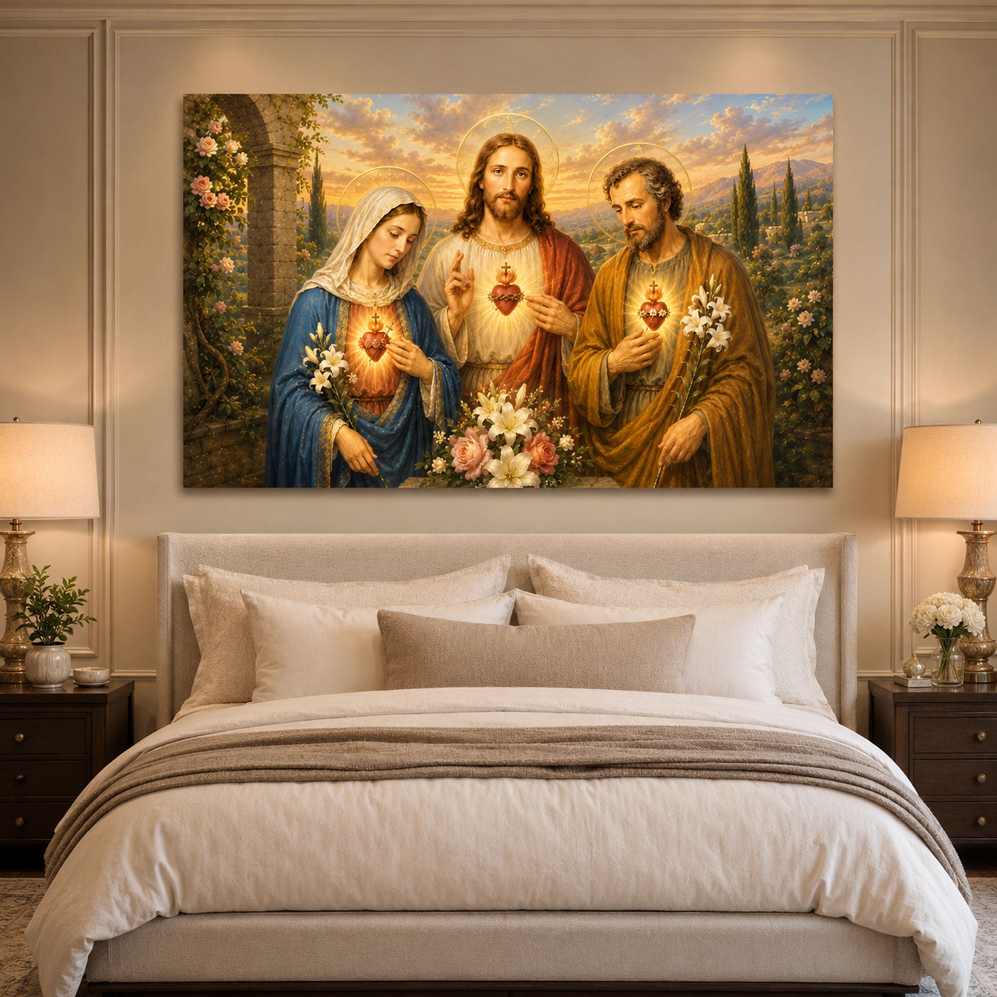 Holy Family Sacred Hearts Canvas Print, Jesus Mary and Joseph Christian Wall Art, Catholic Religious Home Decor