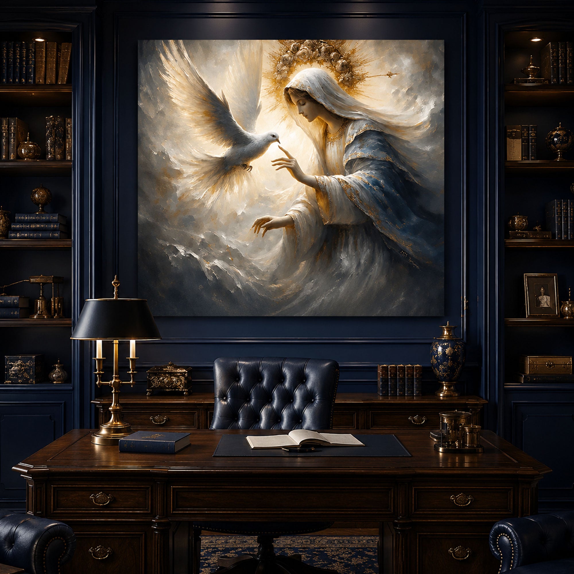 Virgin Mary and Holy Spirit Dove Canvas Art, Heavenly Christian Wall Decor, Divine Peace Religious Artwork