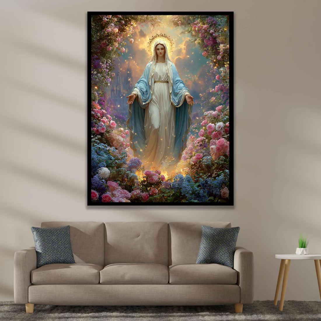 Virgin Mary Floral Canvas Wall Art, Blessed Mother Christian Decor, Catholic Religious Printing