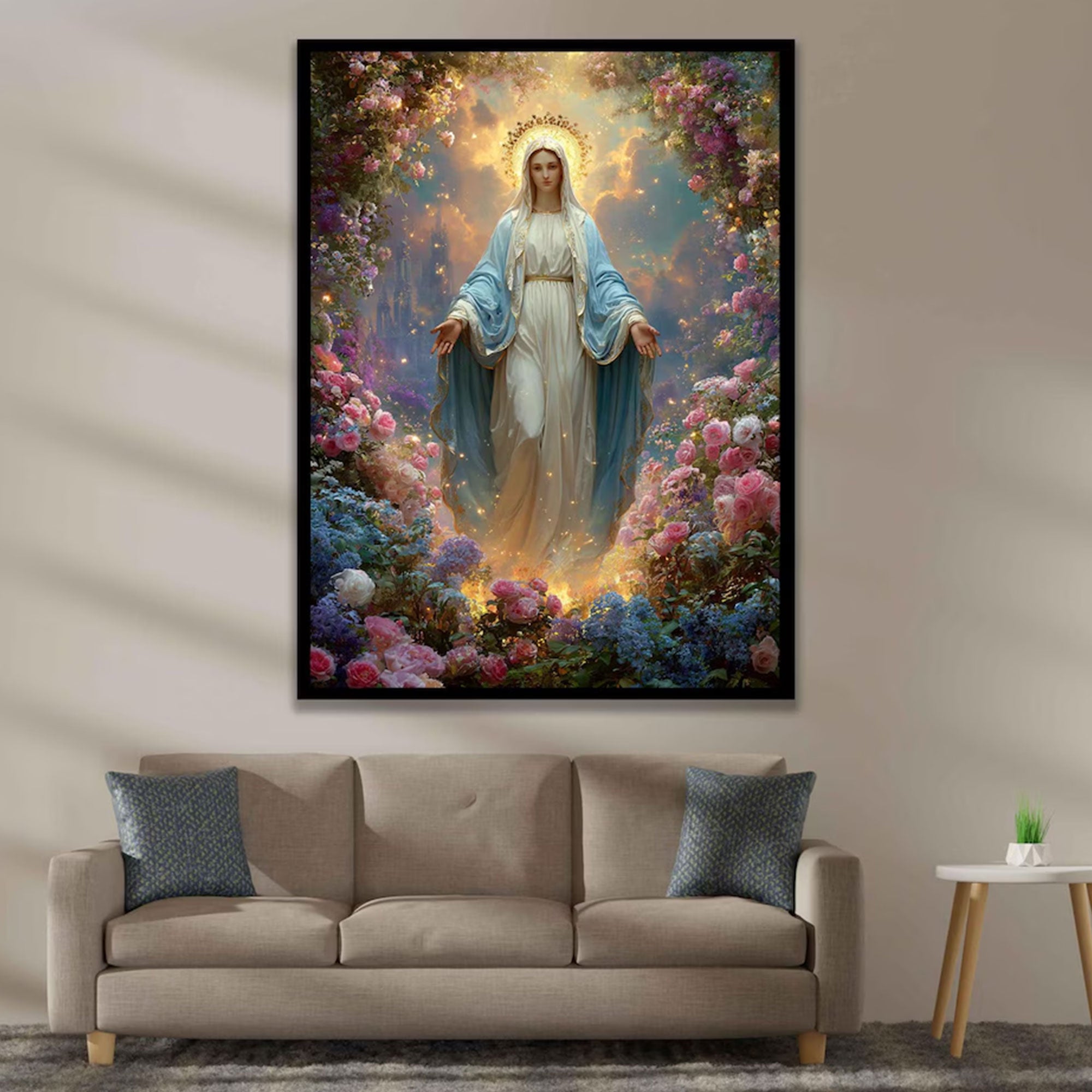 Virgin Mary Floral Canvas Wall Art, Blessed Mother Christian Decor, Catholic Religious Printing